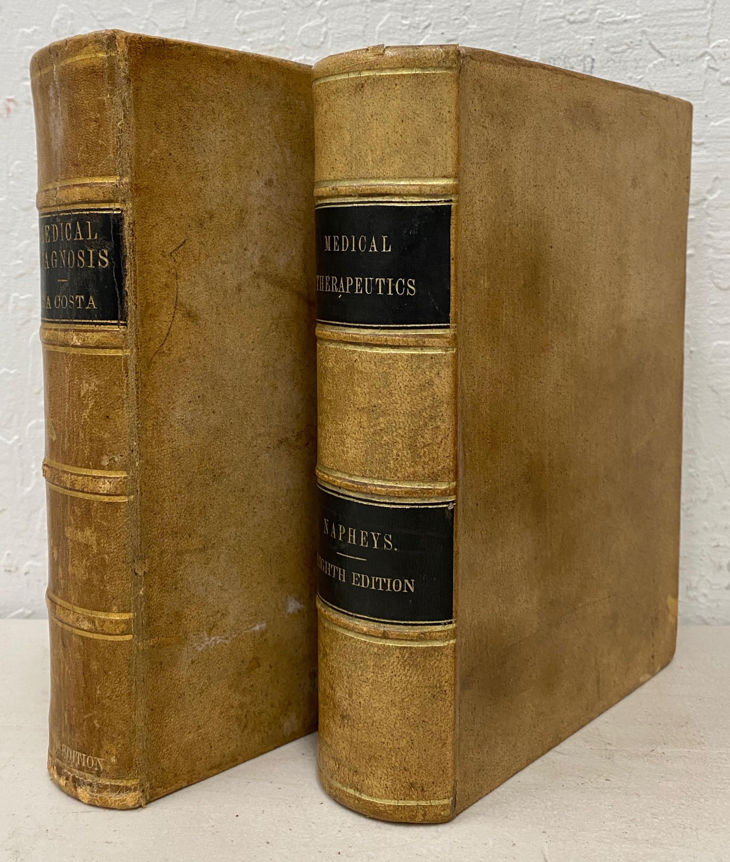 Pair of leather bound antique medical books, circa 1880s

Medical Diagnosis by Da COSTA and Medical Therapeutics by Napheys

Each book is in very good antique condition.

Approximate dimensions: 9