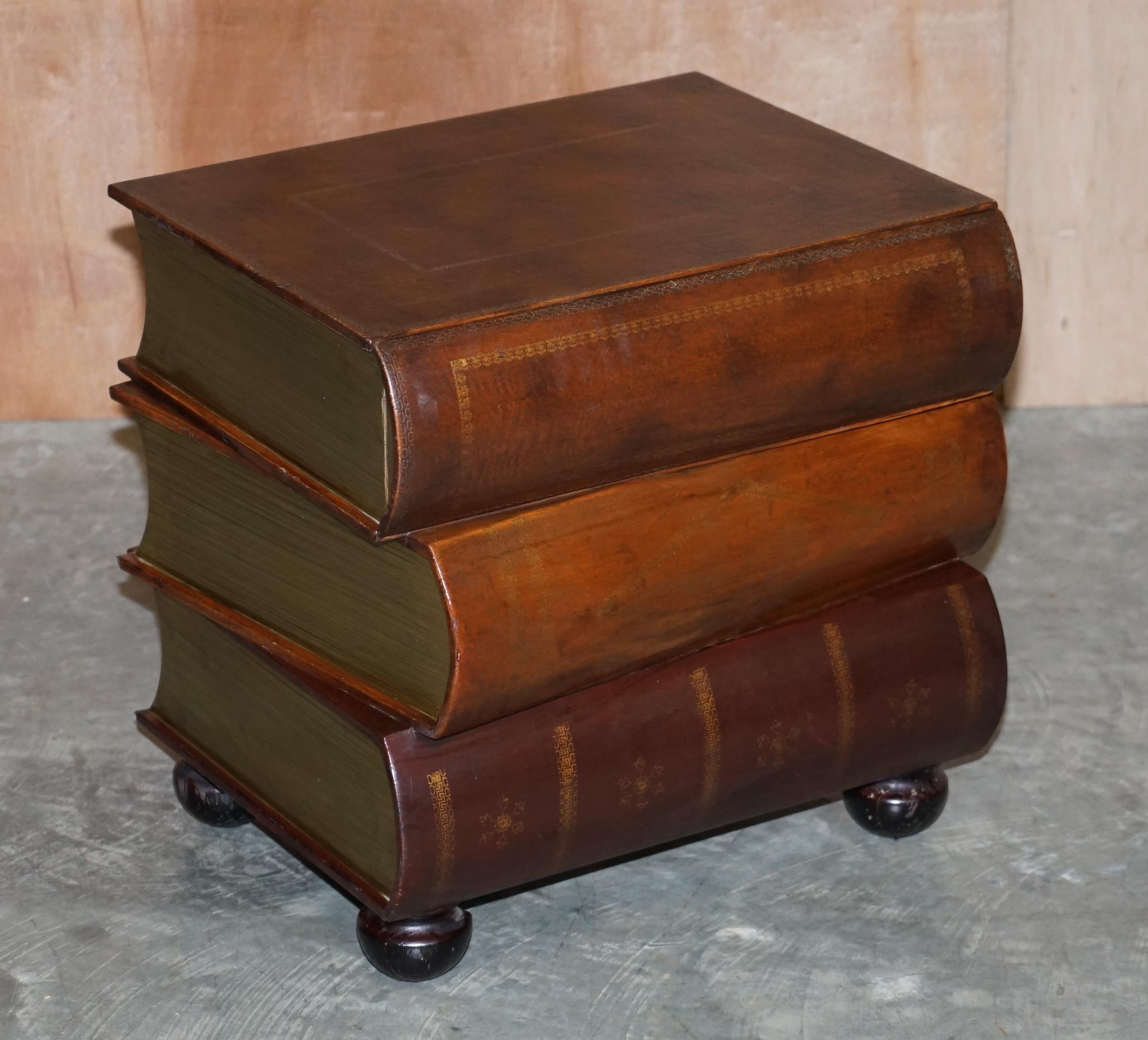 Pair of Leather Bound Scholars Library Stacking Books Side Tables with Drawers For Sale 1