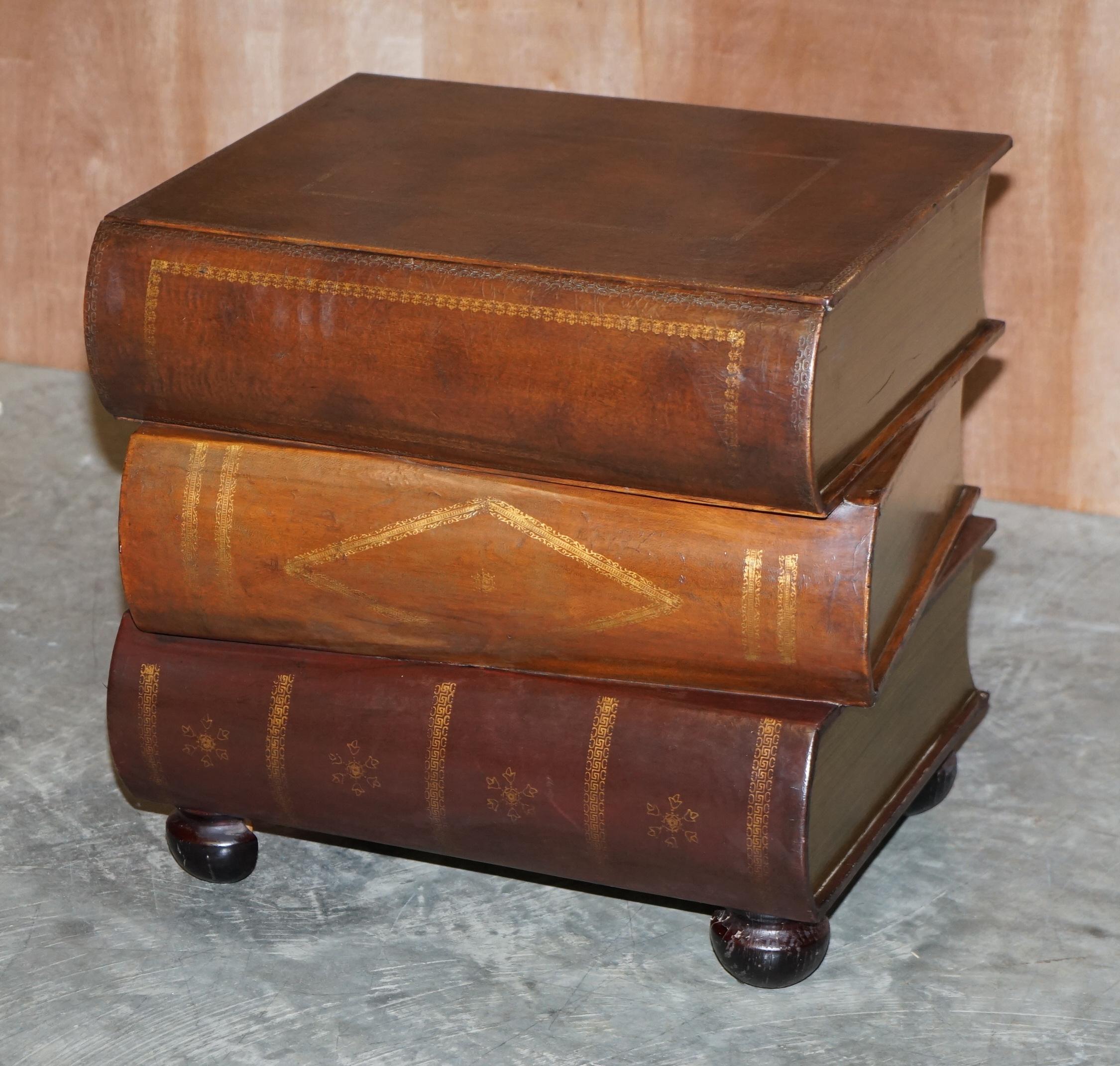 Pair of Leather Bound Scholars Library Stacking Books Side Tables with Drawers For Sale 2