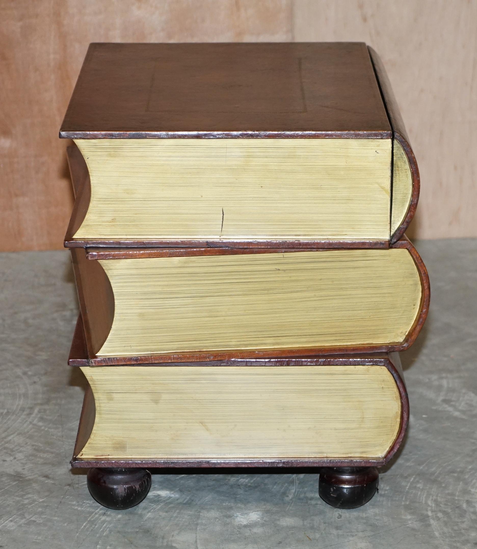 Pair of Leather Bound Scholars Library Stacking Books Side Tables with Drawers For Sale 6