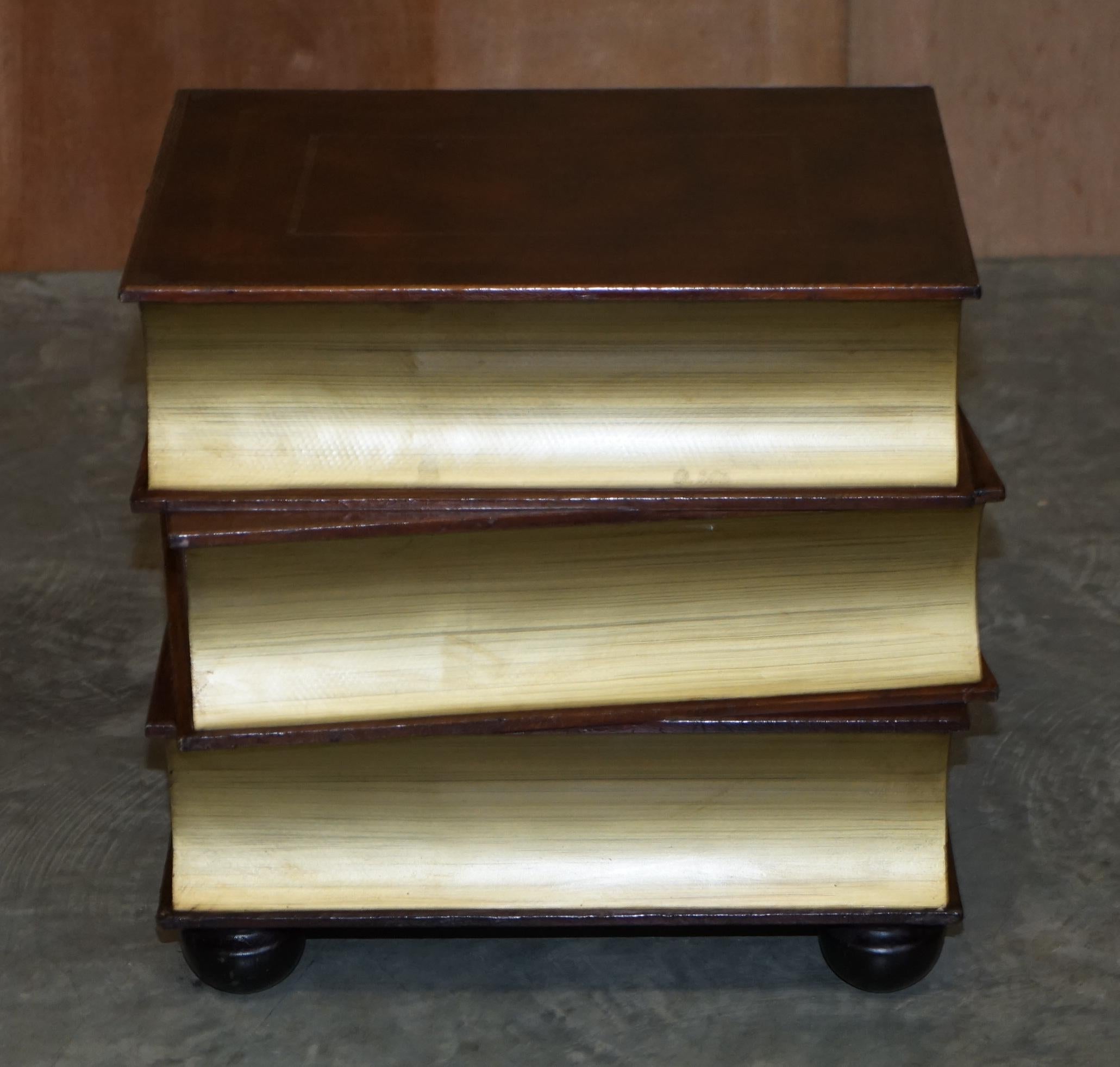 Pair of Leather Bound Scholars Library Stacking Books Side Tables with Drawers For Sale 7