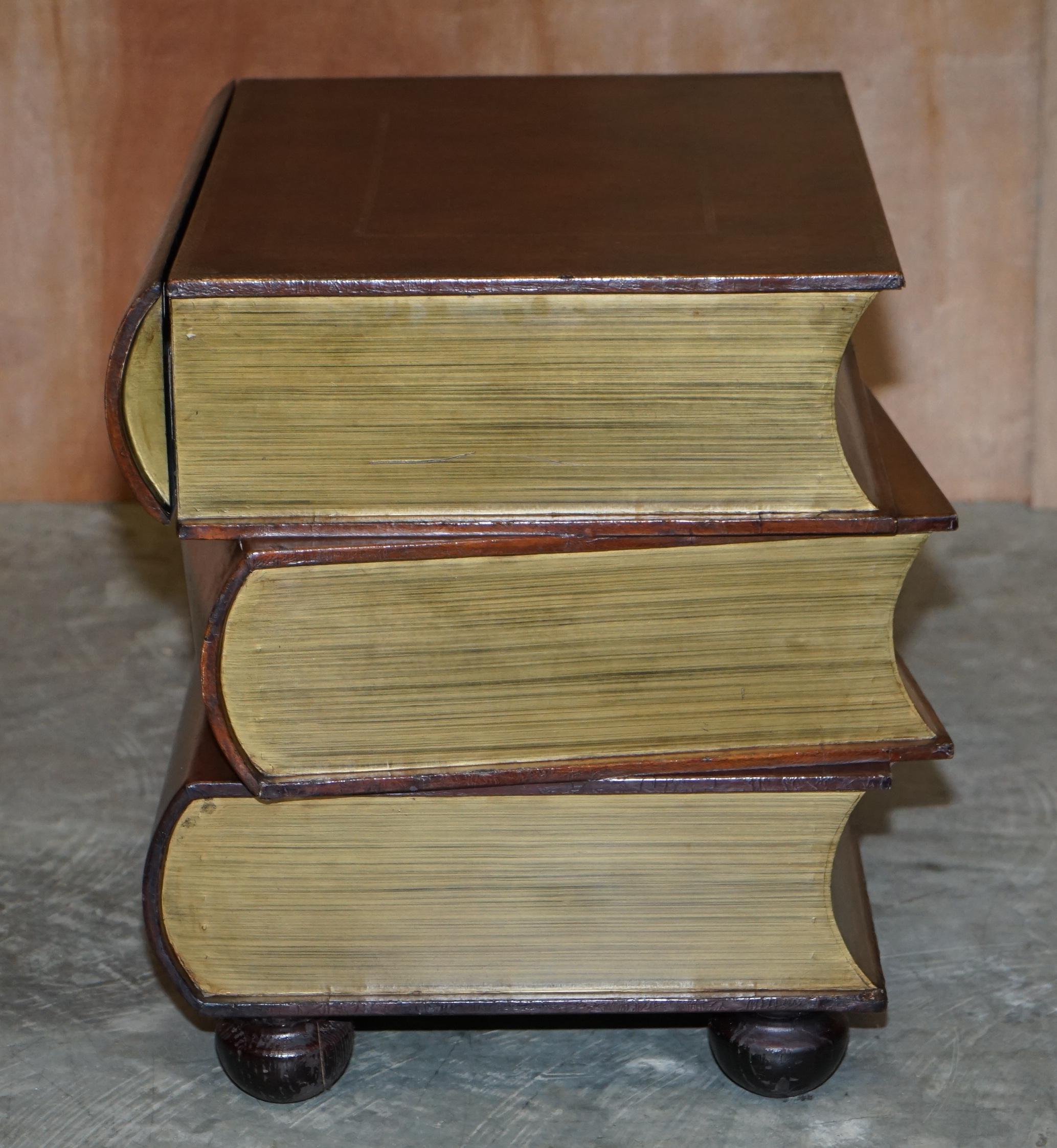 Pair of Leather Bound Scholars Library Stacking Books Side Tables with Drawers For Sale 8