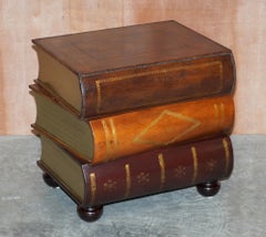 Pair of Leather Bound Scholars Library Stacking Books Side Tables with Drawers