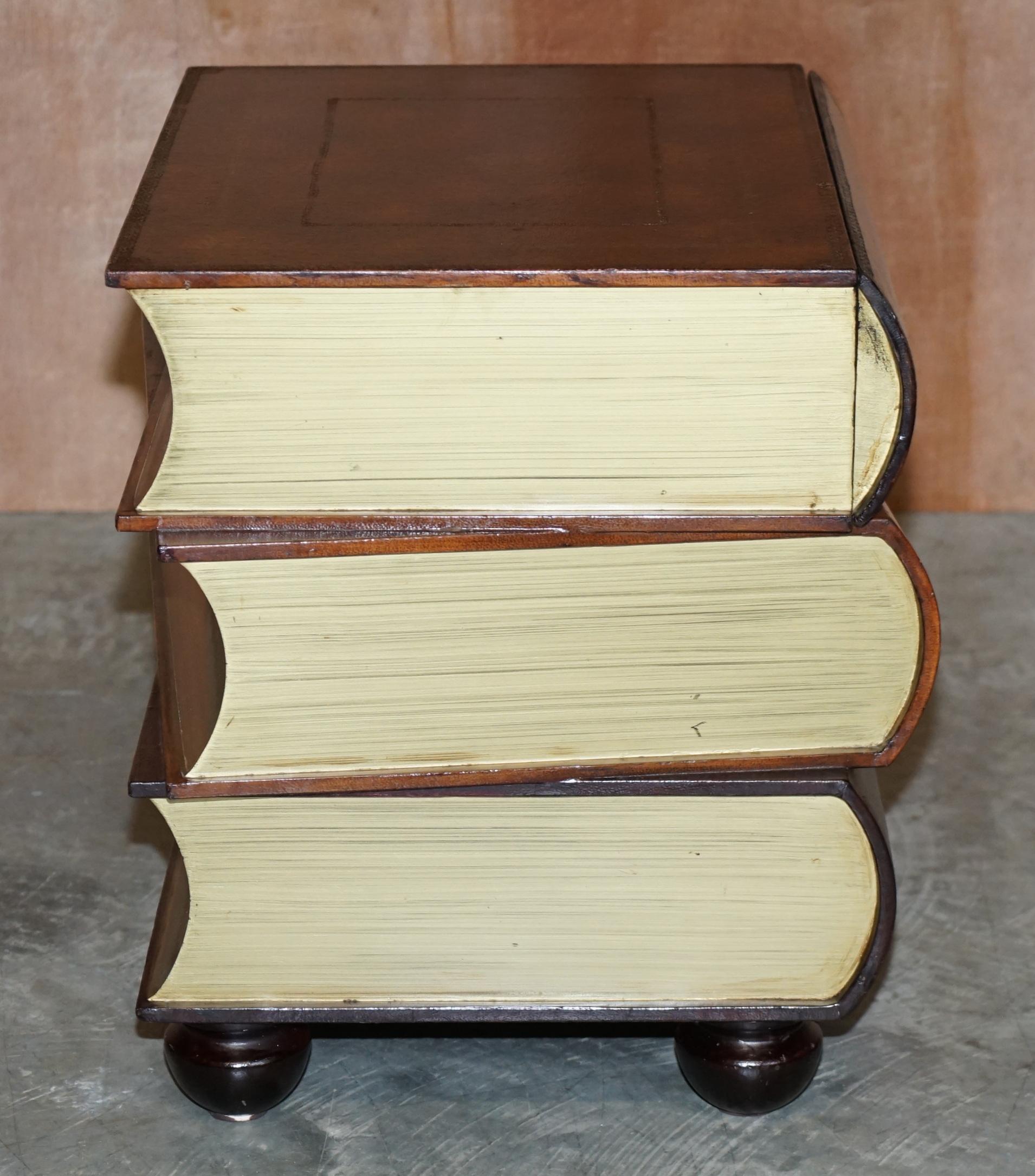 Victorian Pair of Leather Bound Scholars Library Stacking Books Side Tables with Drawers For Sale