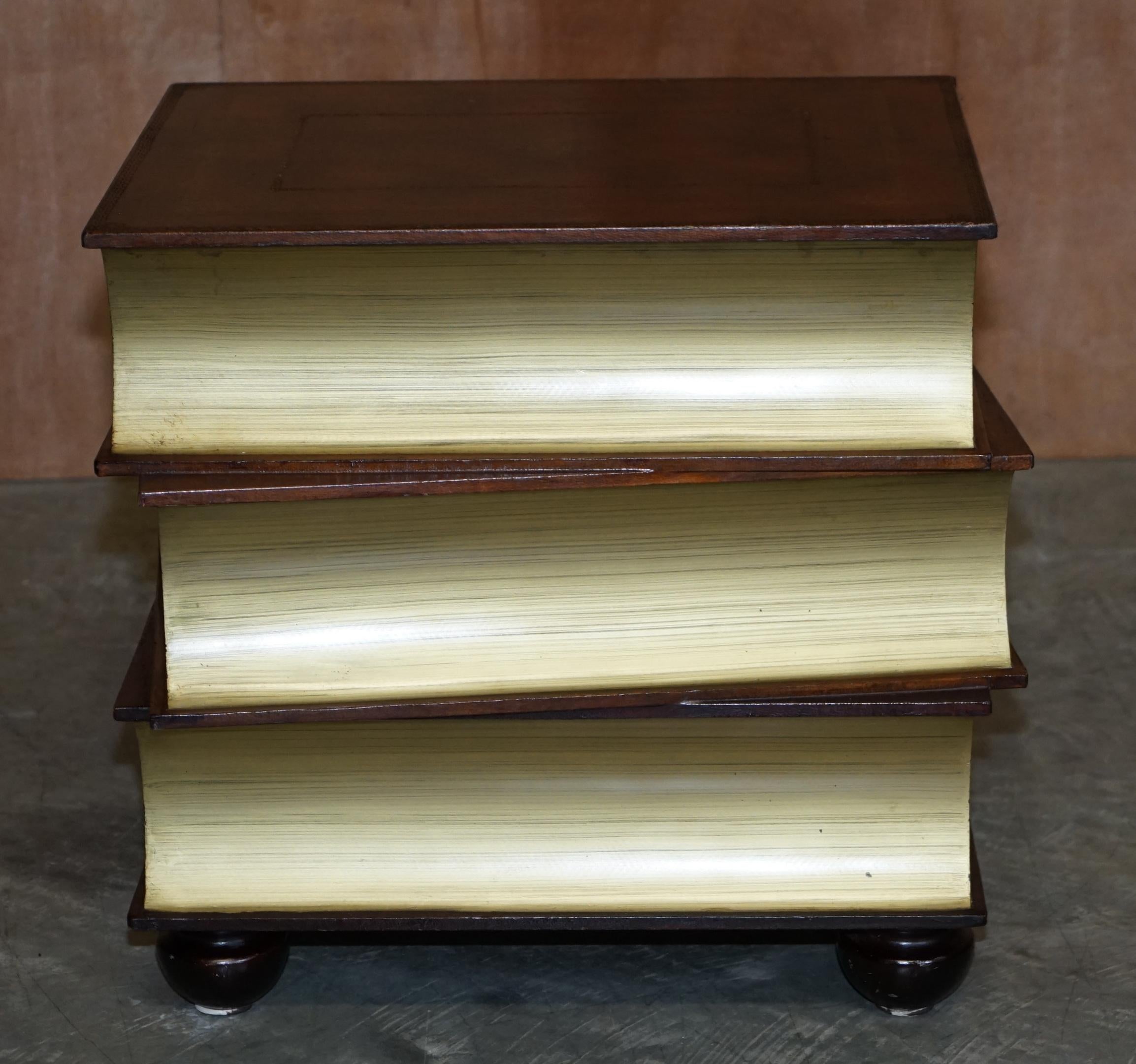 English Pair of Leather Bound Scholars Library Stacking Books Side Tables with Drawers For Sale
