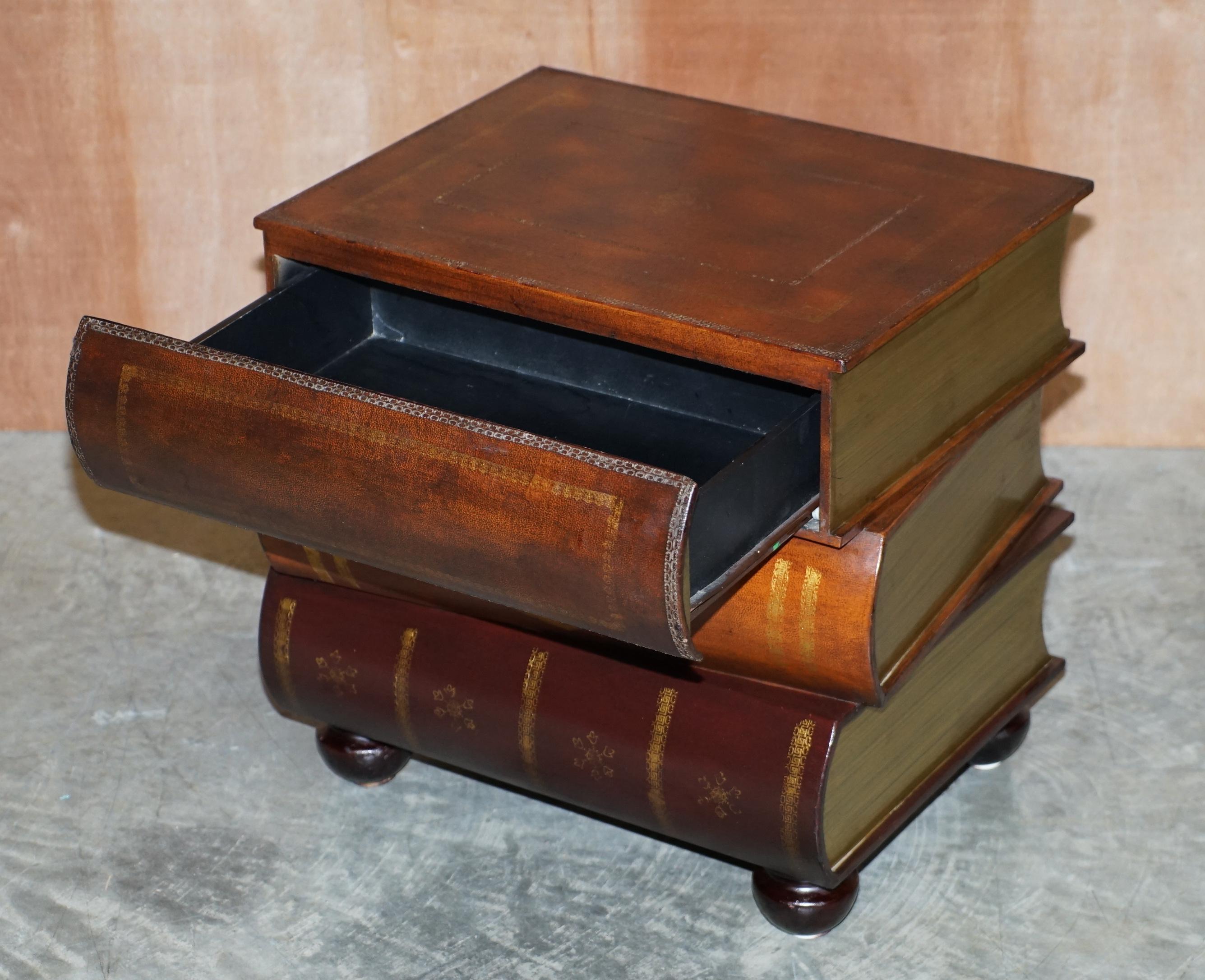 Hand-Crafted Pair of Leather Bound Scholars Library Stacking Books Side Tables with Drawers For Sale