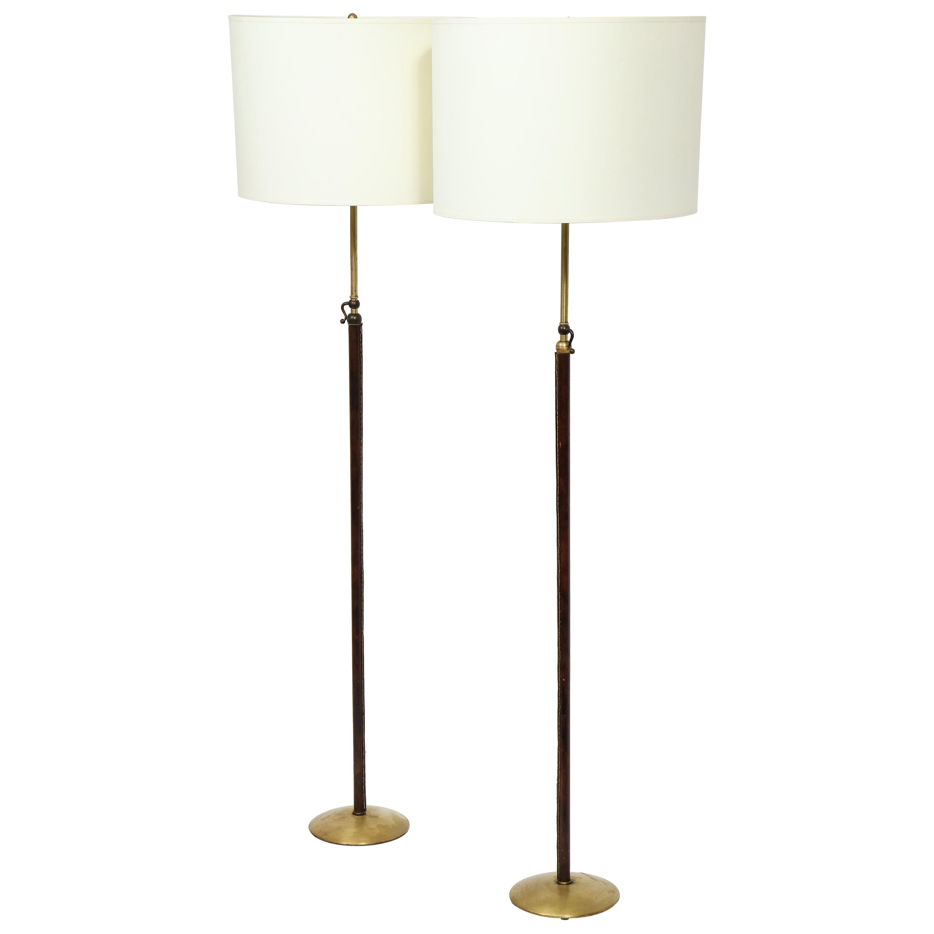 Pair of Leather and Brass Adjustable Floor Lamps by Jacques Adnet, France, 1950s For Sale