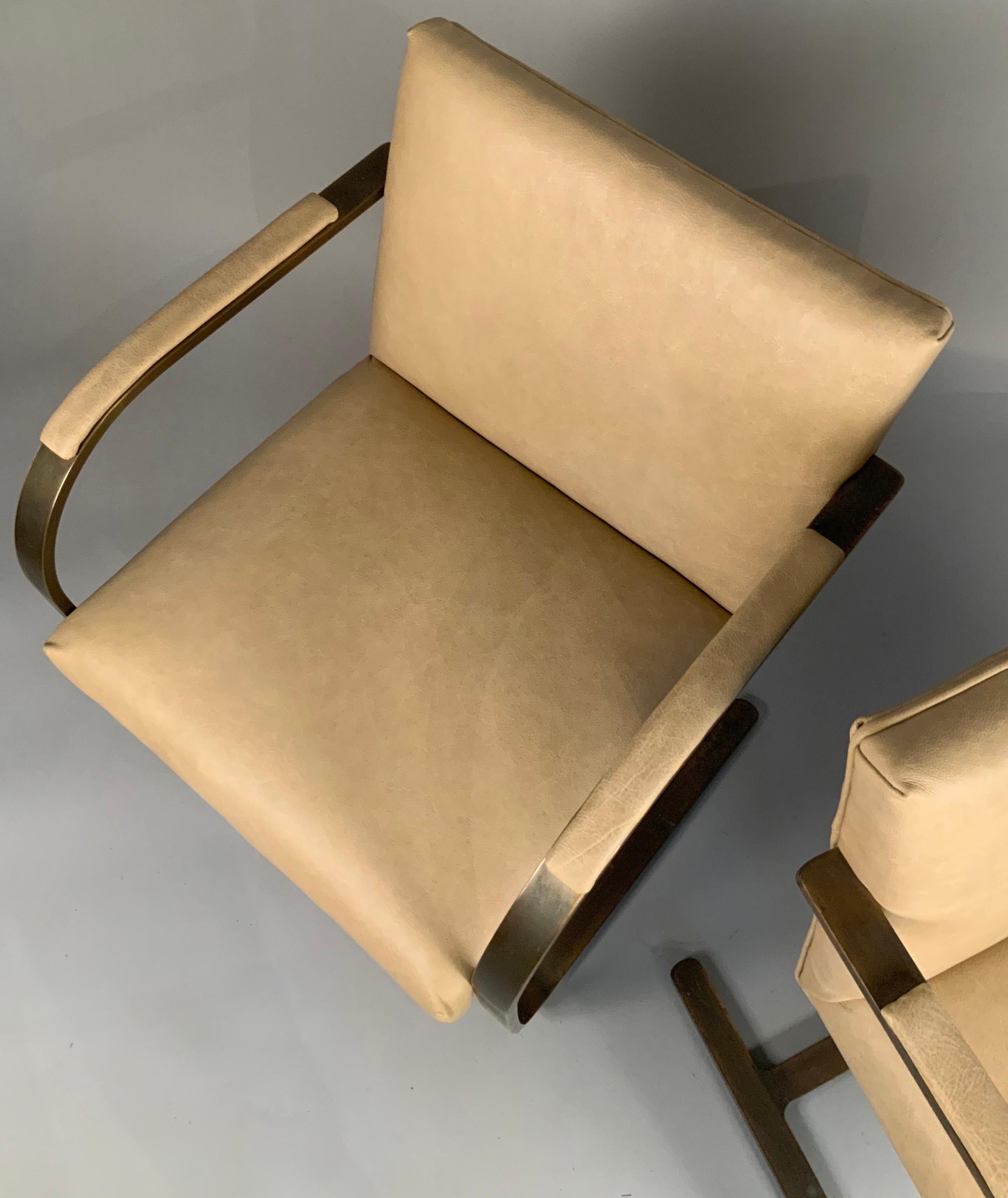 Steel Pair of Leather Brno Flat Bar Chairs by Mies Van der Rohe for Knoll