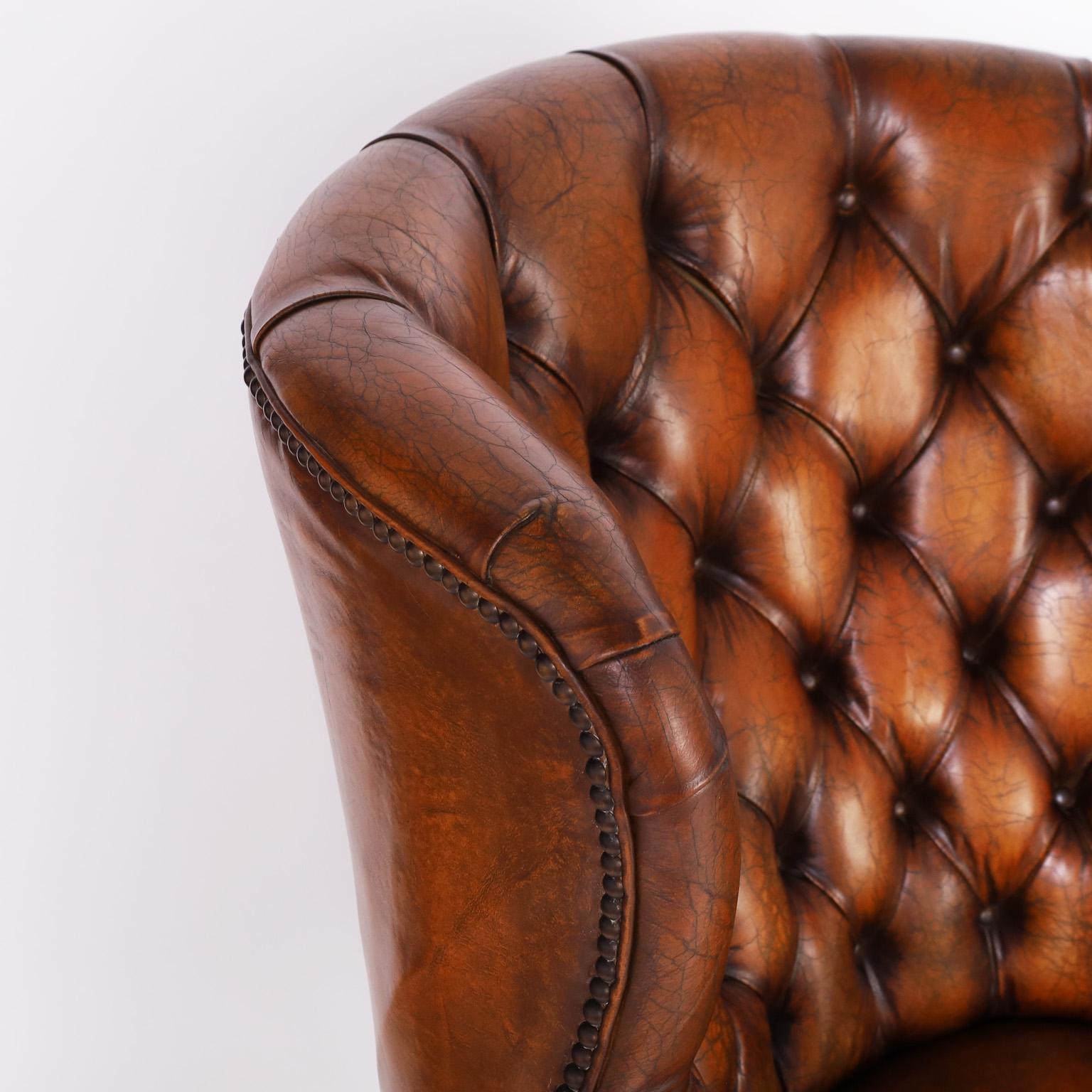 20th Century Pair of Leather Button Tufted Wingback British Colonial Style Armchairs For Sale