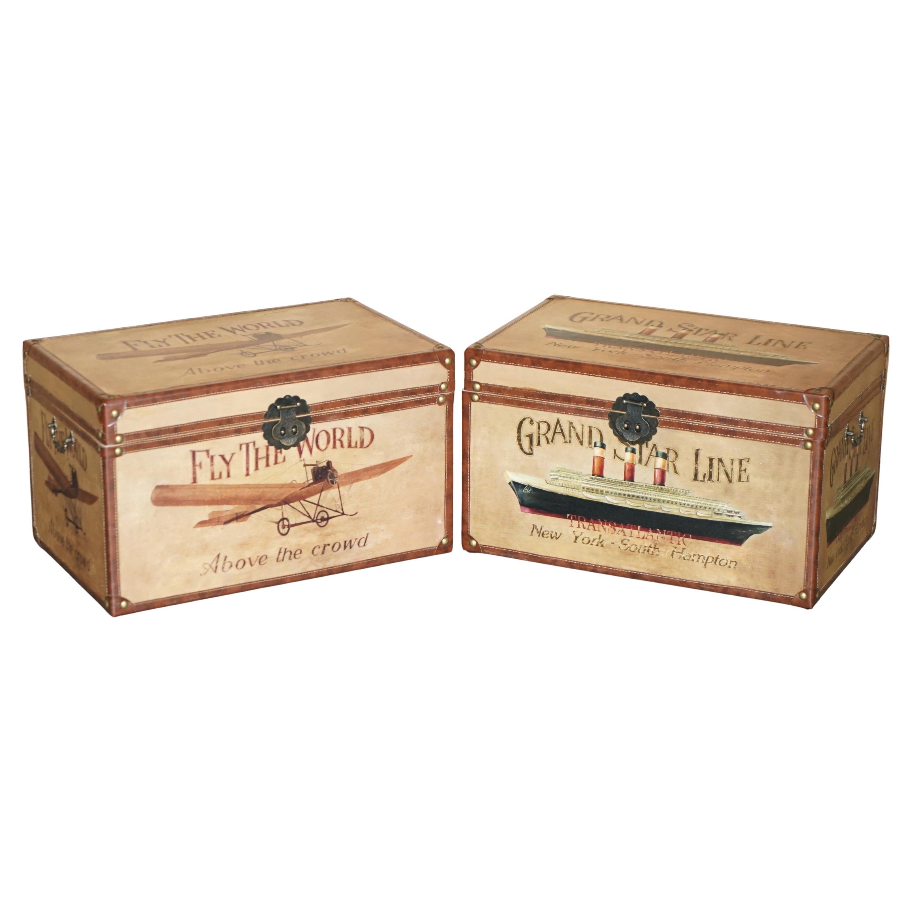 paire de malles à vapeur en cuir et en canevas, peintes à la main et cloutées. en vente