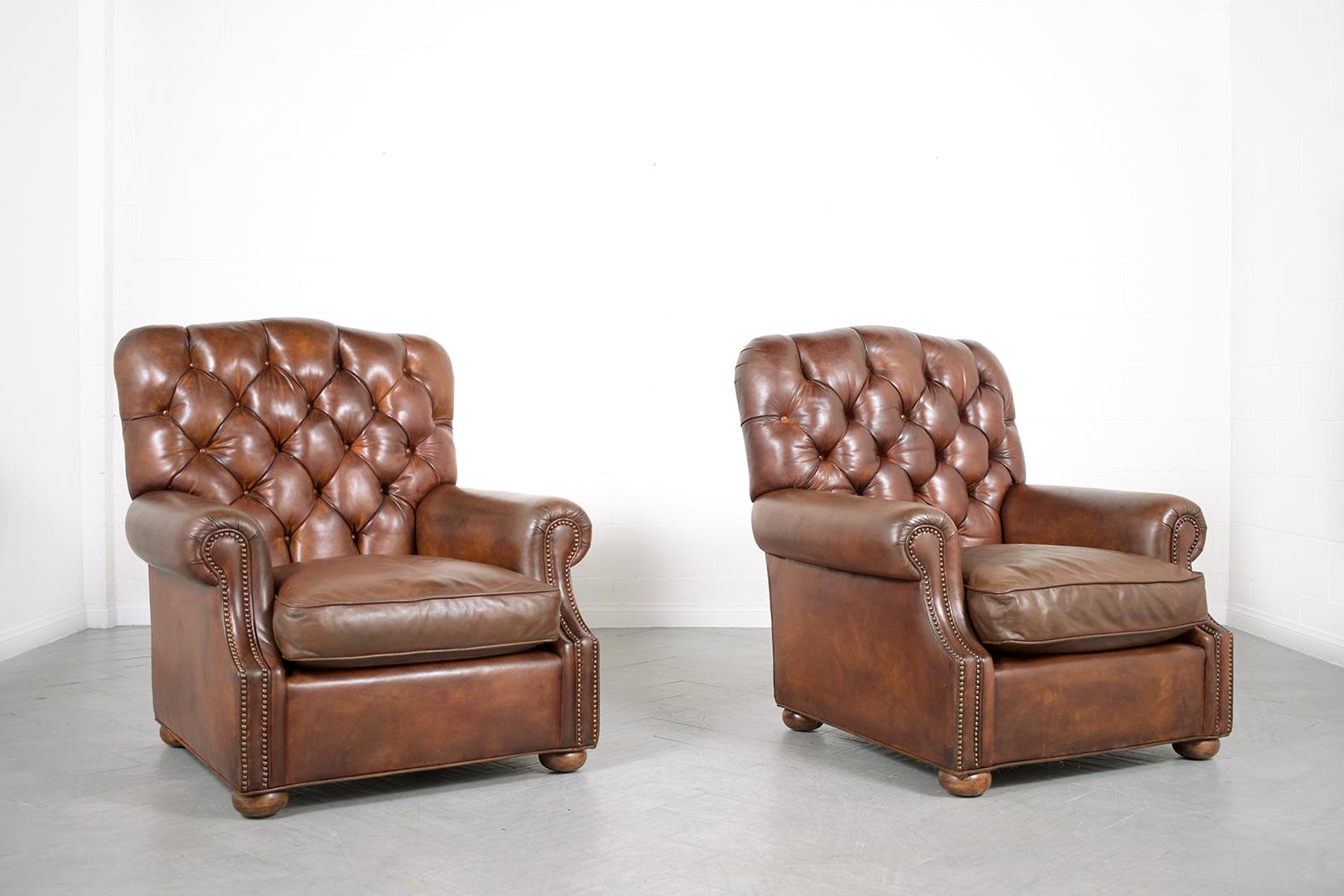 Metal Vintage Pair of Leather Chesterfield Chairs