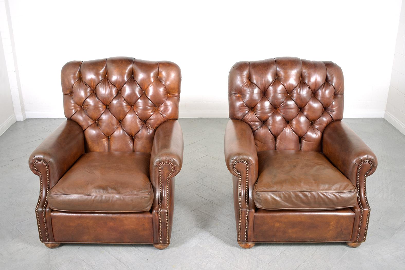 Vintage Pair of Leather Chesterfield Chairs In Good Condition In Los Angeles, CA