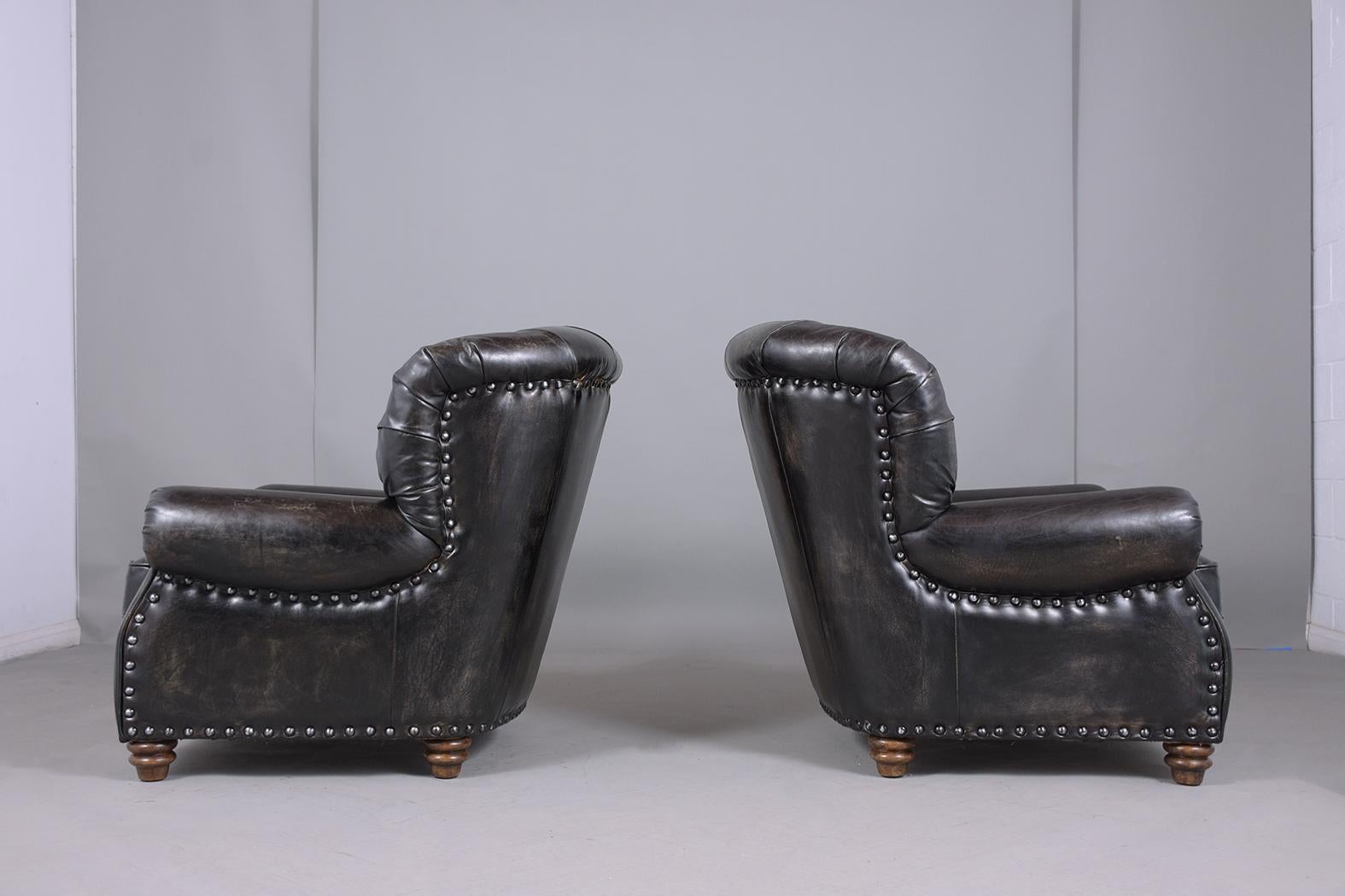 Brass Pair of Leather Chesterfield Chairs