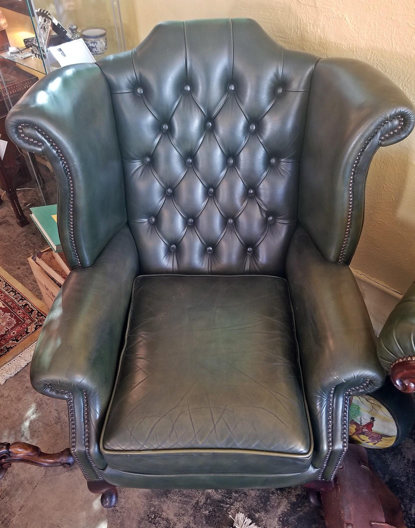 Pair of Leather Chesterfield Queen Ann Style Wing Back Armchairs 2