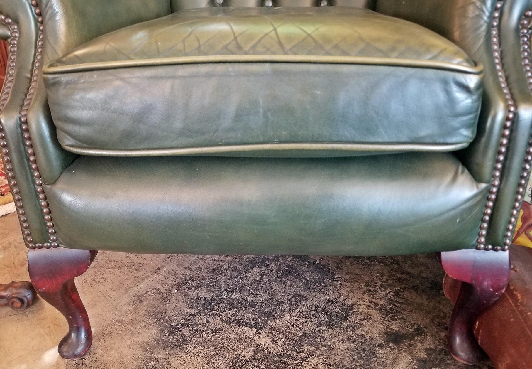 Pair of Leather Chesterfield Queen Ann Style Wing Back Armchairs 3