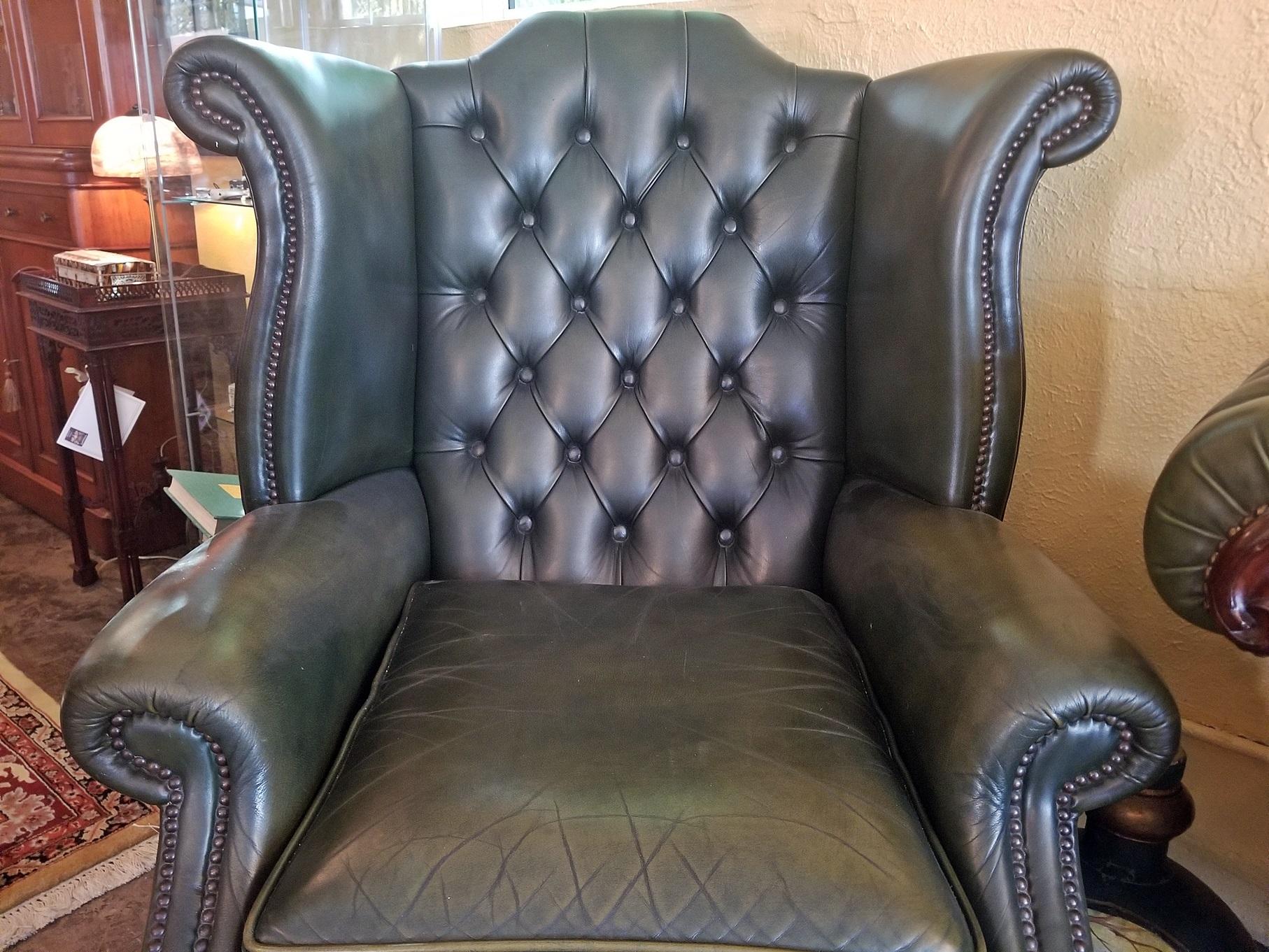 Pair of Leather Chesterfield Queen Ann Style Wing Back Armchairs 4