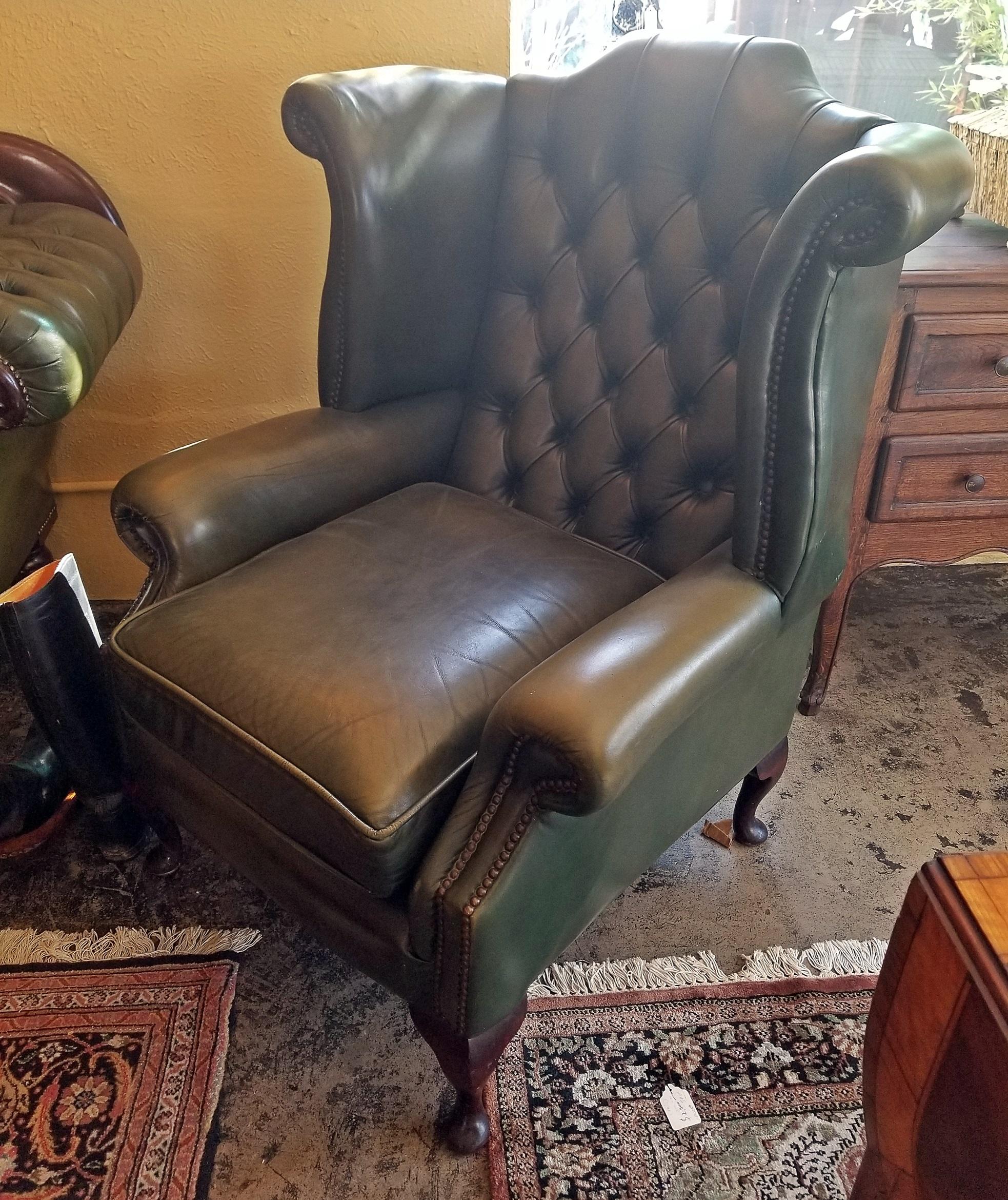 Pair of Leather Chesterfield Queen Ann Style Wing Back Armchairs 6