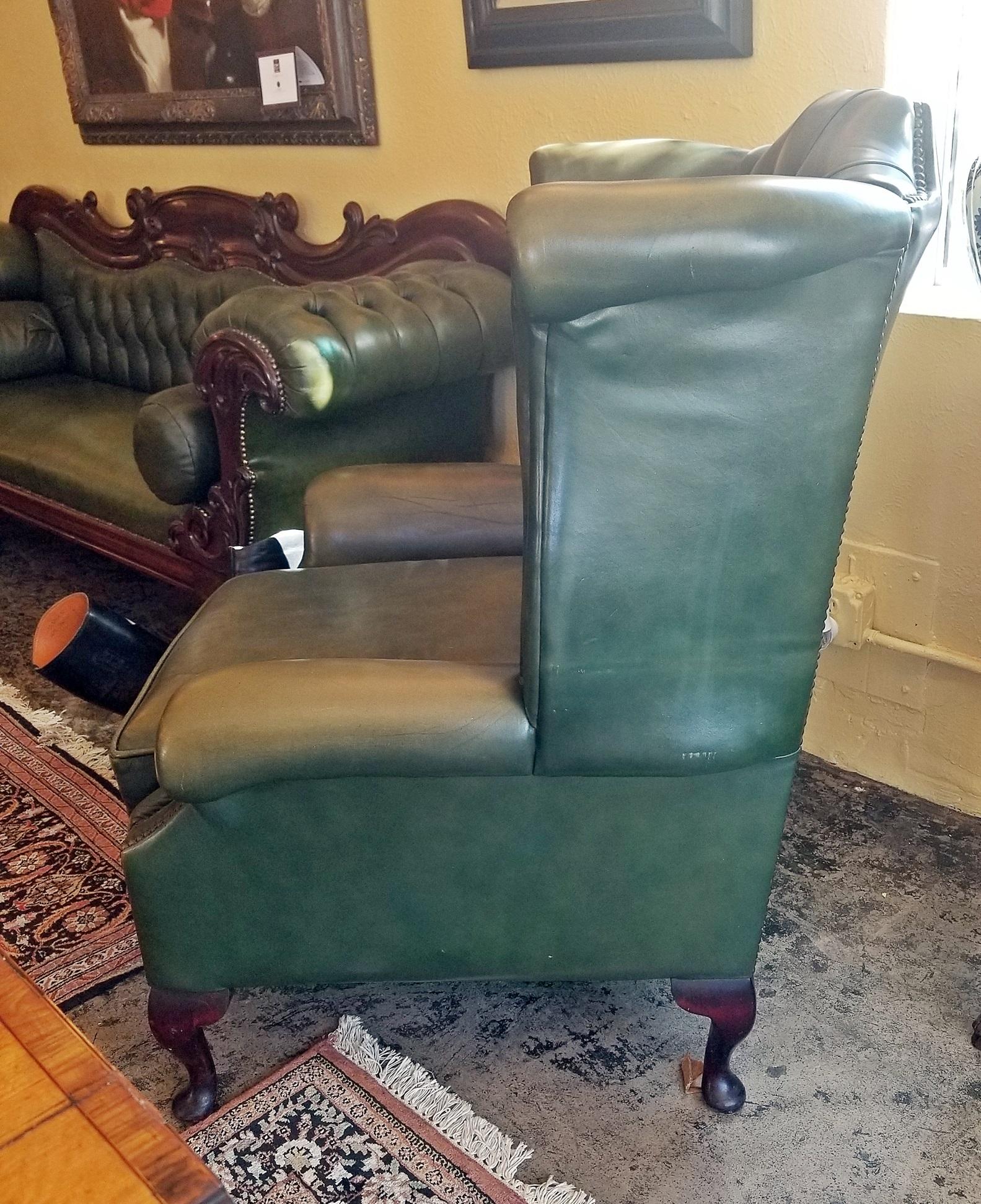 Pair of Leather Chesterfield Queen Ann Style Wing Back Armchairs 7