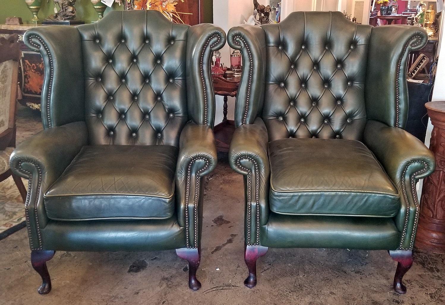 Pair of Leather Chesterfield Queen Ann Style Wing Back Armchairs 8