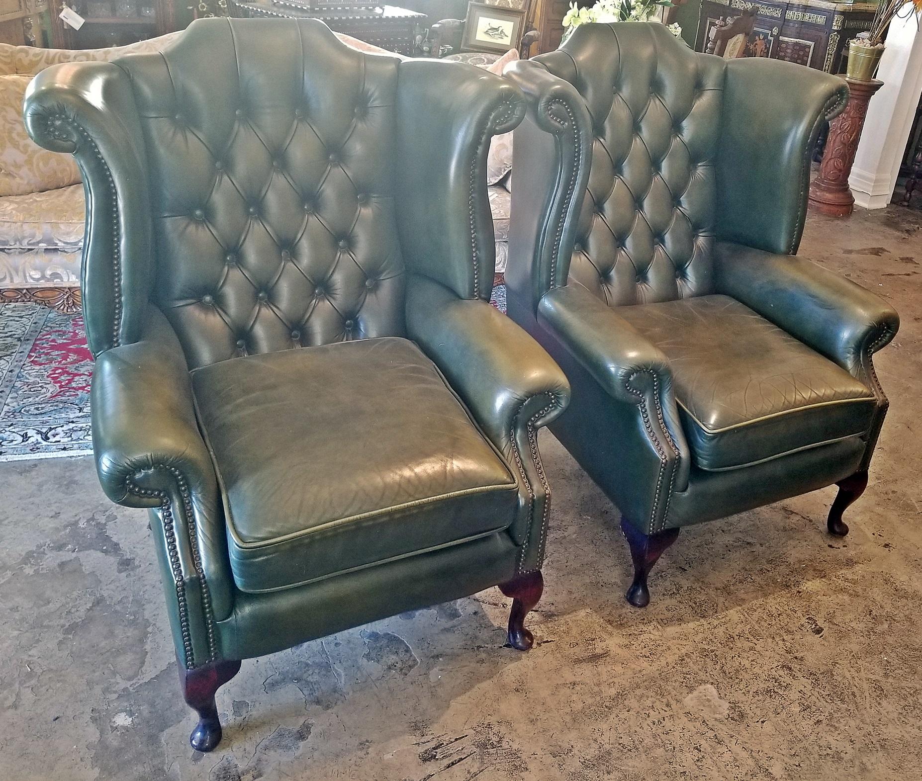 English Pair of Leather Chesterfield Queen Ann Style Wing Back Armchairs