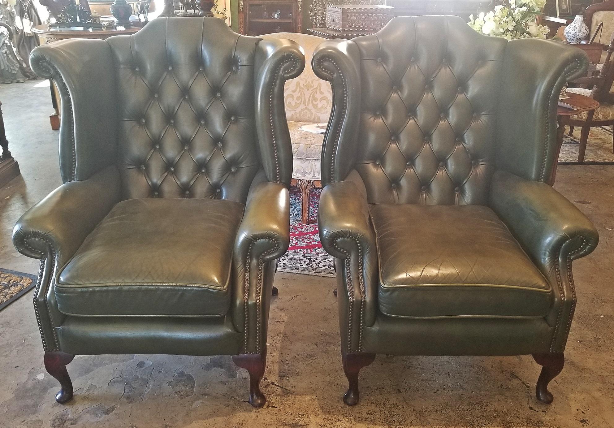 Hand-Crafted Pair of Leather Chesterfield Queen Ann Style Wing Back Armchairs
