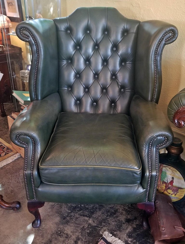 Pair of Leather Chesterfield Queen Ann Style Wing Back Armchairs at 1stDibs