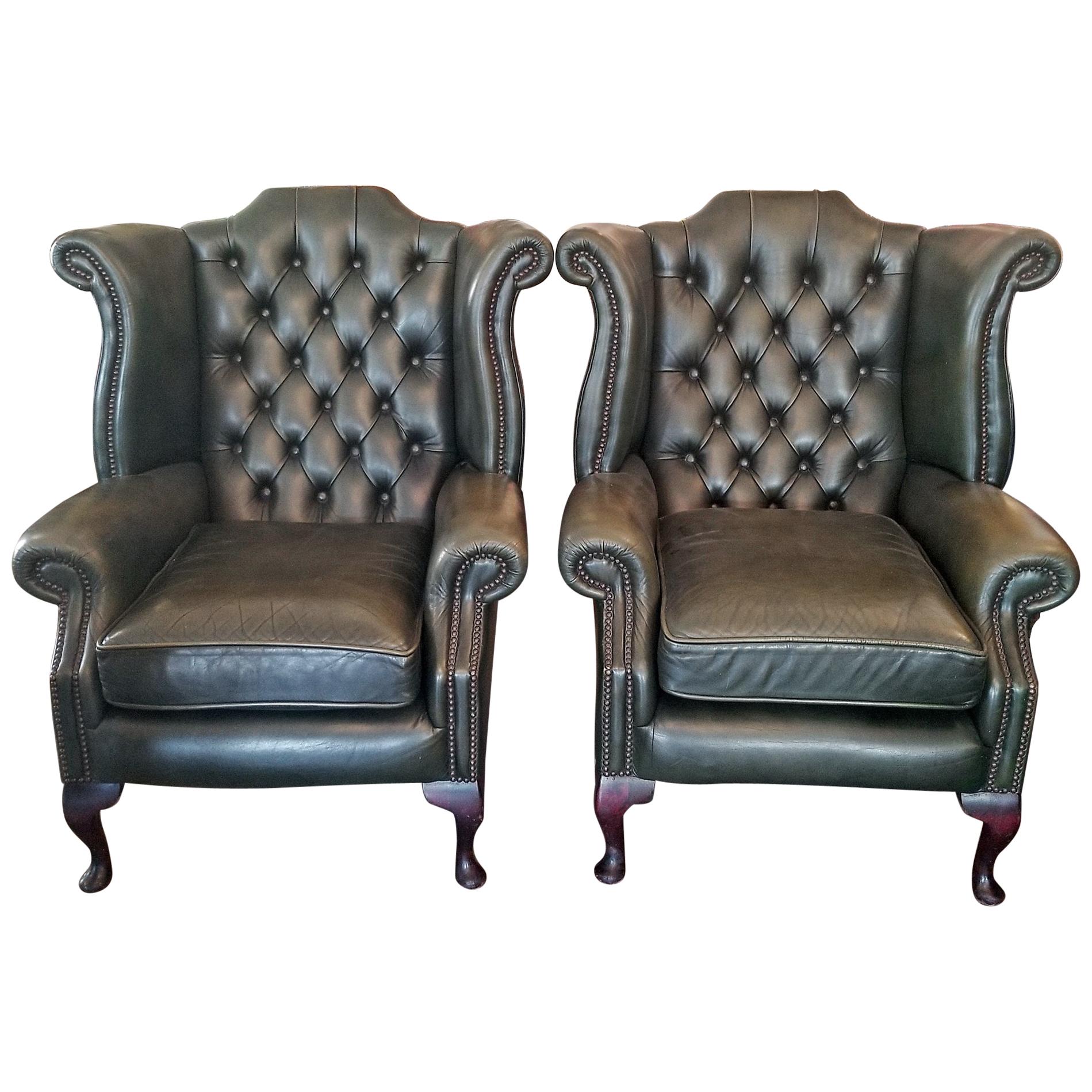 Pair of Leather Chesterfield Queen Ann Style Wing Back Armchairs
