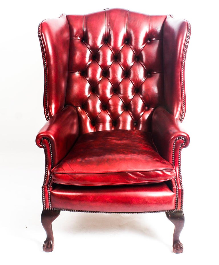 Bespoke Pair of Leather Chippendale Wing Back Armchairs ...