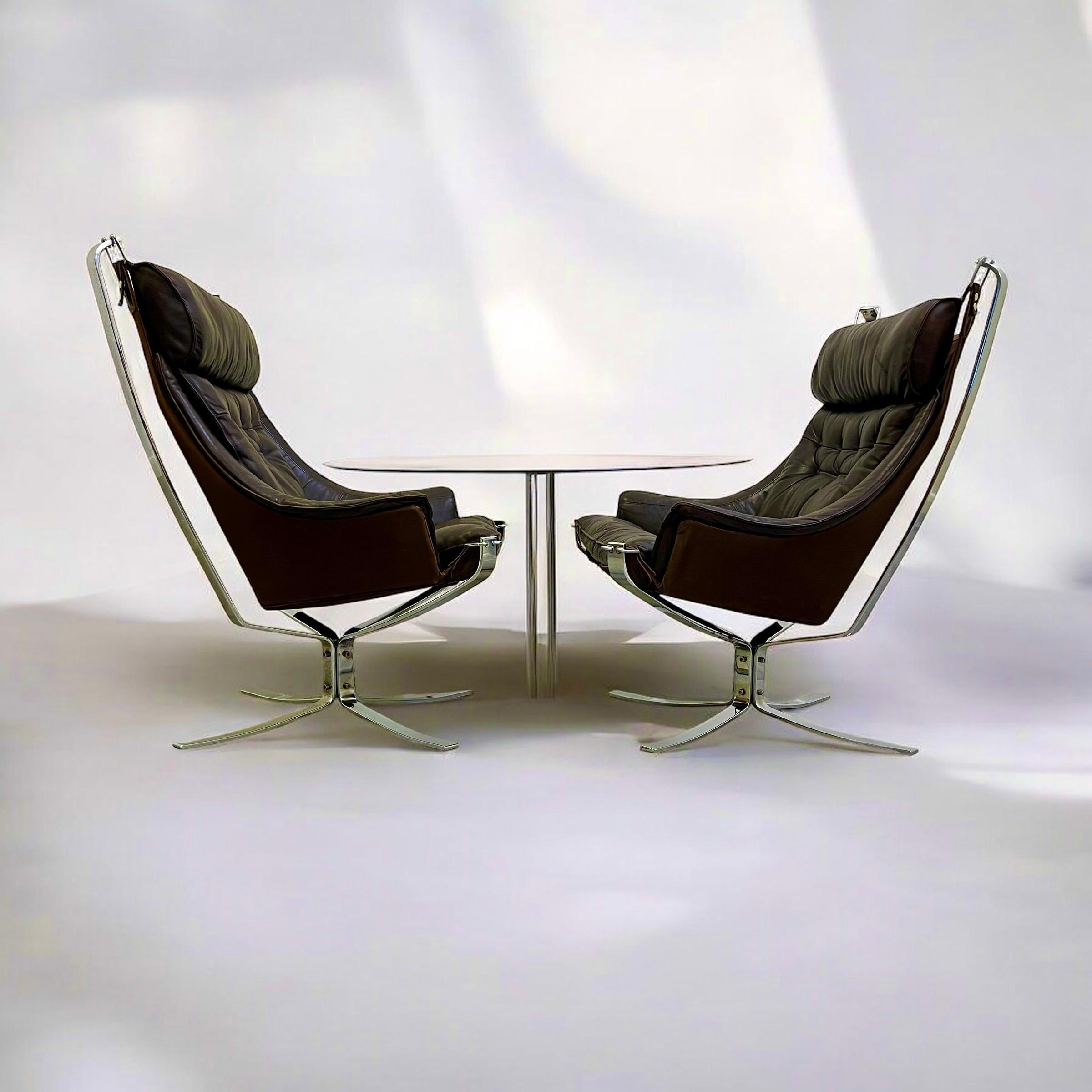 Pair Of Leather & Chrome Falcon Armchairs Designed By Sigurd Ressell (1920-2010) In Good Condition In London, GB