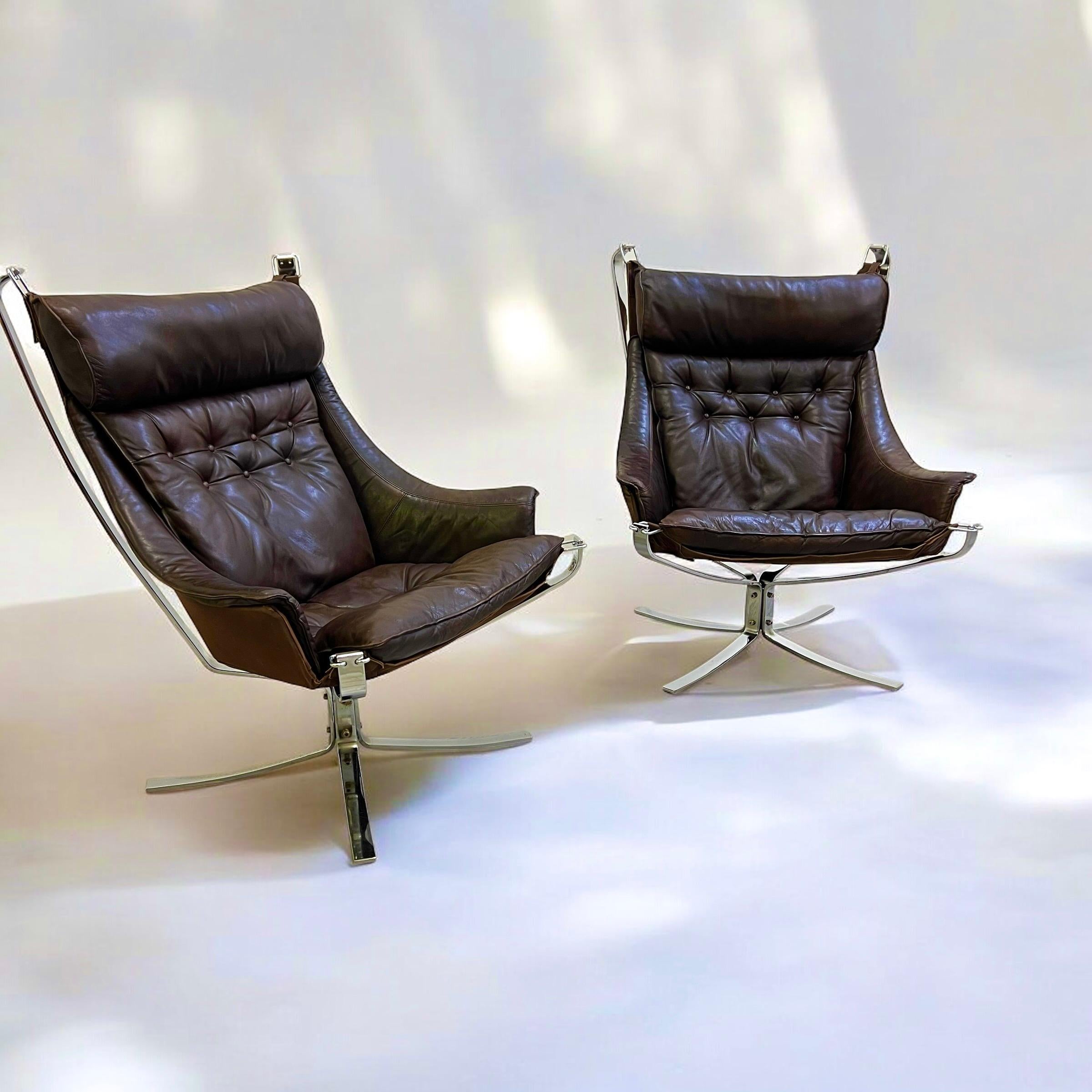 20th Century Pair Of Leather & Chrome Falcon Armchairs Designed By Sigurd Ressell (1920-2010)