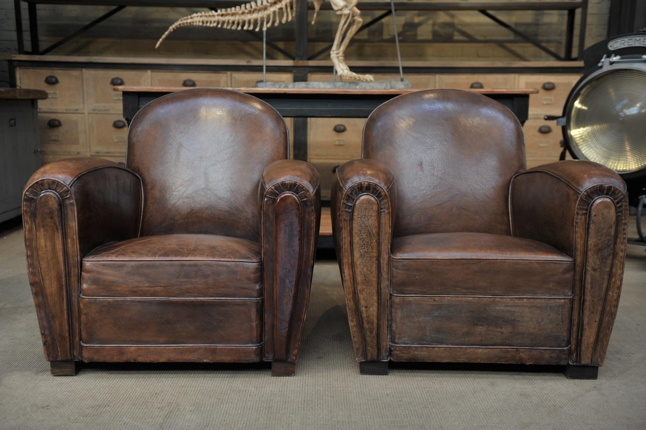 French Pair of Leather Club Chairs, 1950s