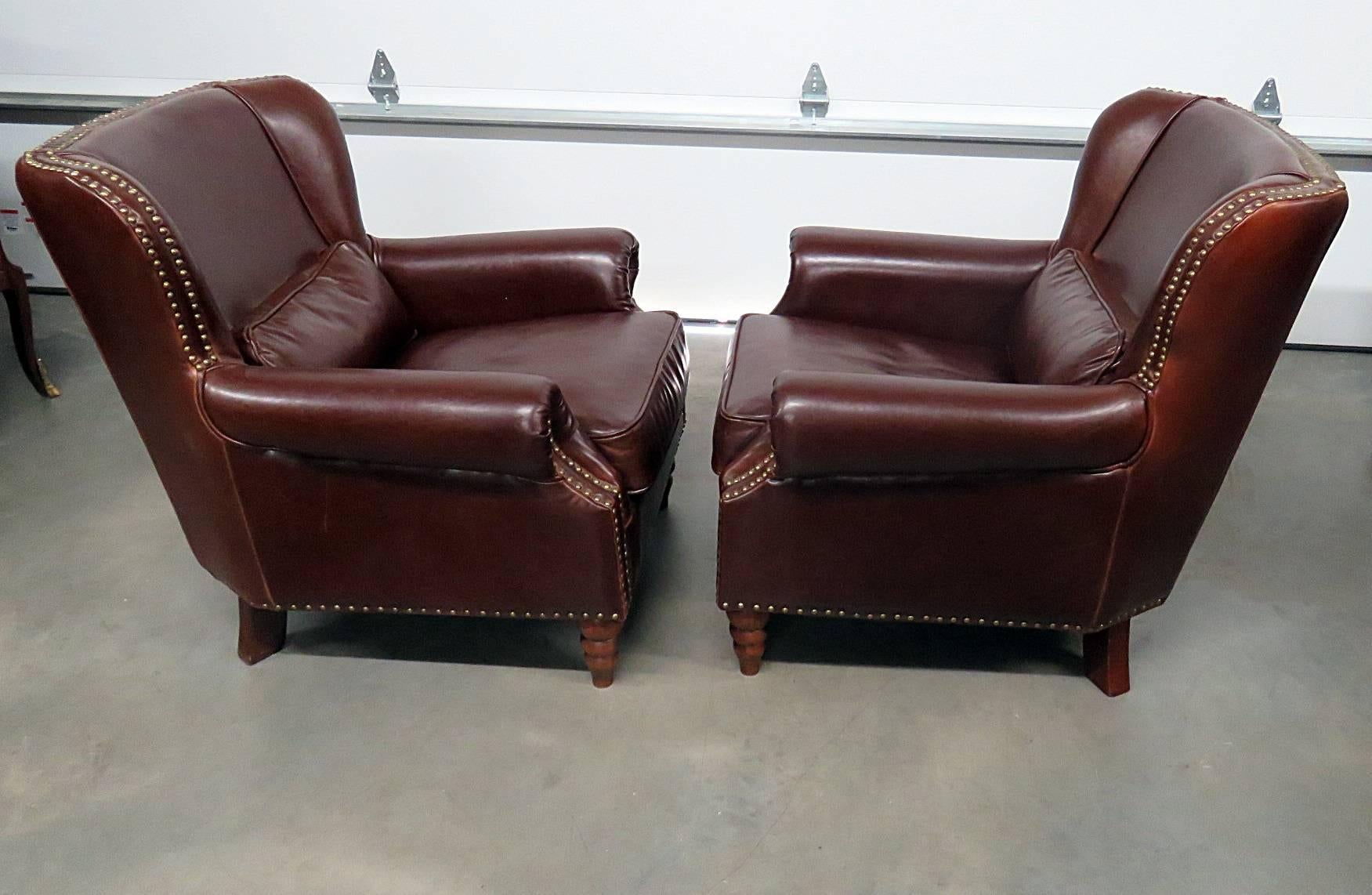 Brass Pair of Leather Club Chairs