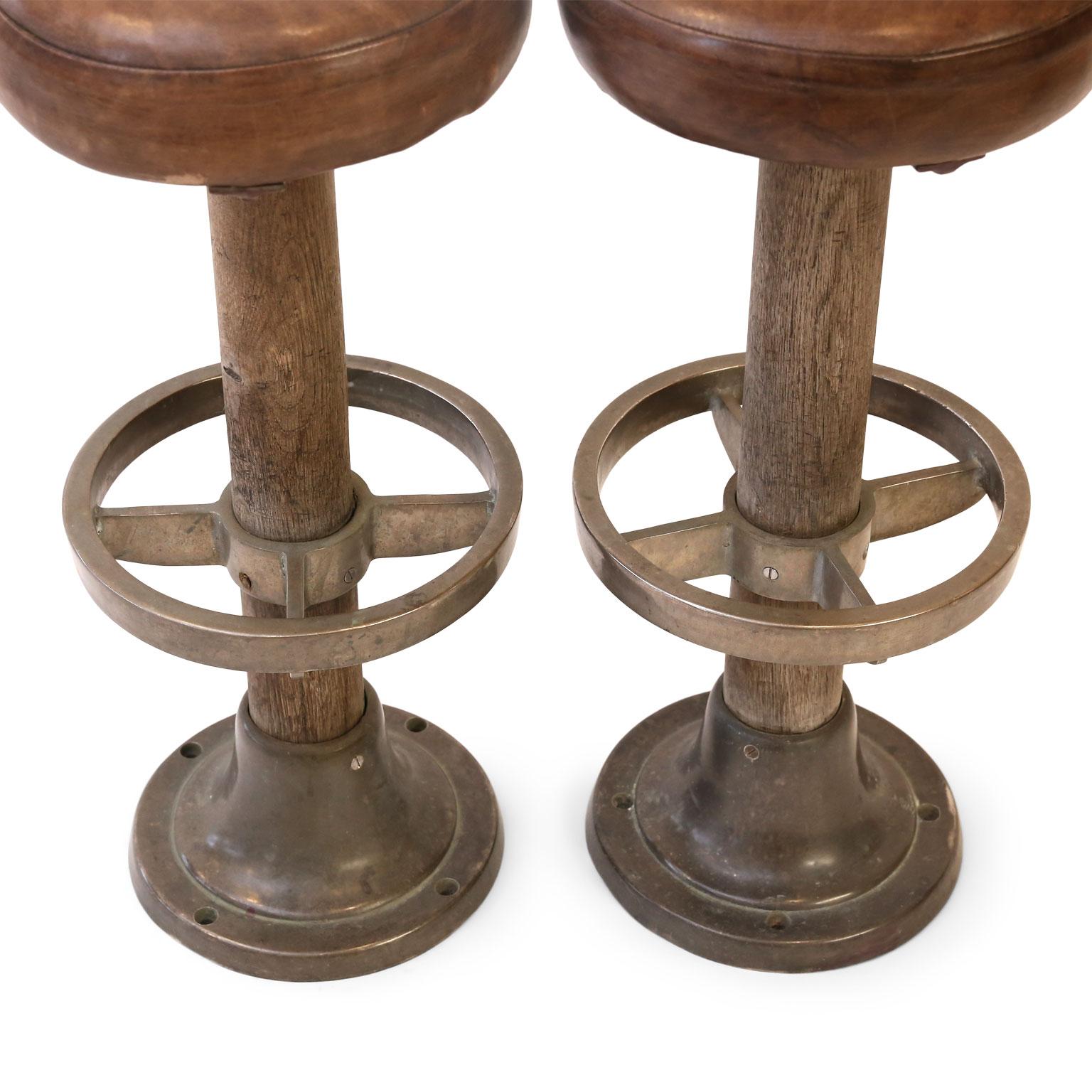 Edwardian Pair of Leather-Covered Barstools