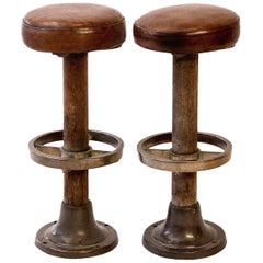 Antique Pair of Leather-Covered Barstools
