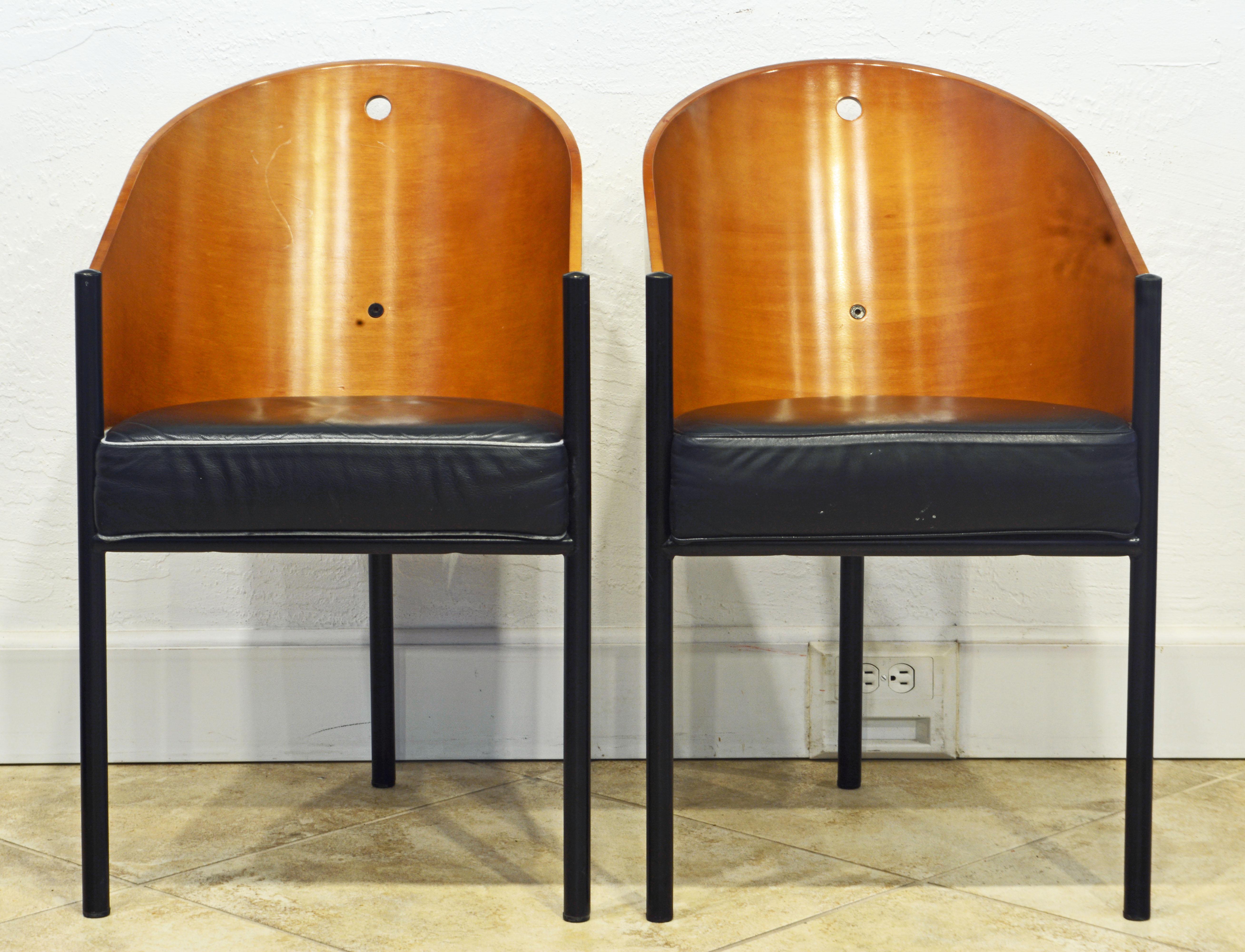 These chairs are designed by Philippe Starck for Driade Italy originally for the famed 'Costes Cafe' in Paris. Designed in 1984 they are now universally recognized as modern design icons. They are made with a tubular black metal construction