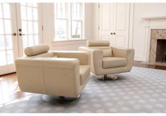 Pair of Leather Cube Swivel Club Chairs