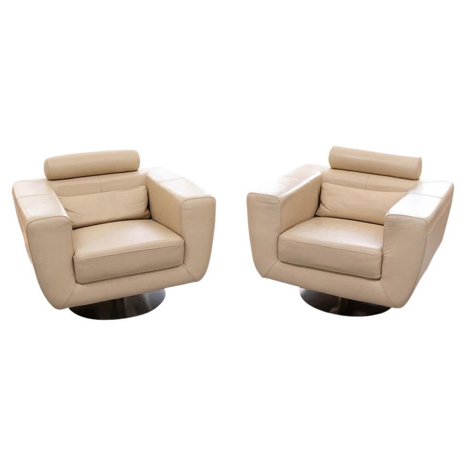 Pair of Leather Cube Swivel Club Chairs For Sale