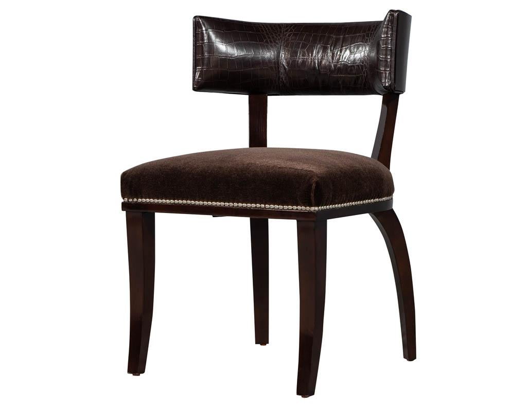 Modern curved back side chairs, featuring leather back and mohair brown seat. Finished in a rich espresso wood finish and head to head polished nails.