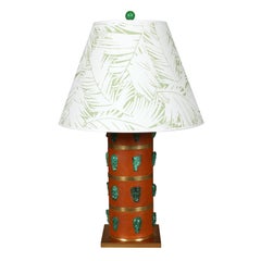 Paire de lampes cylindriques en cuir avec détails en laiton et fausse malachite