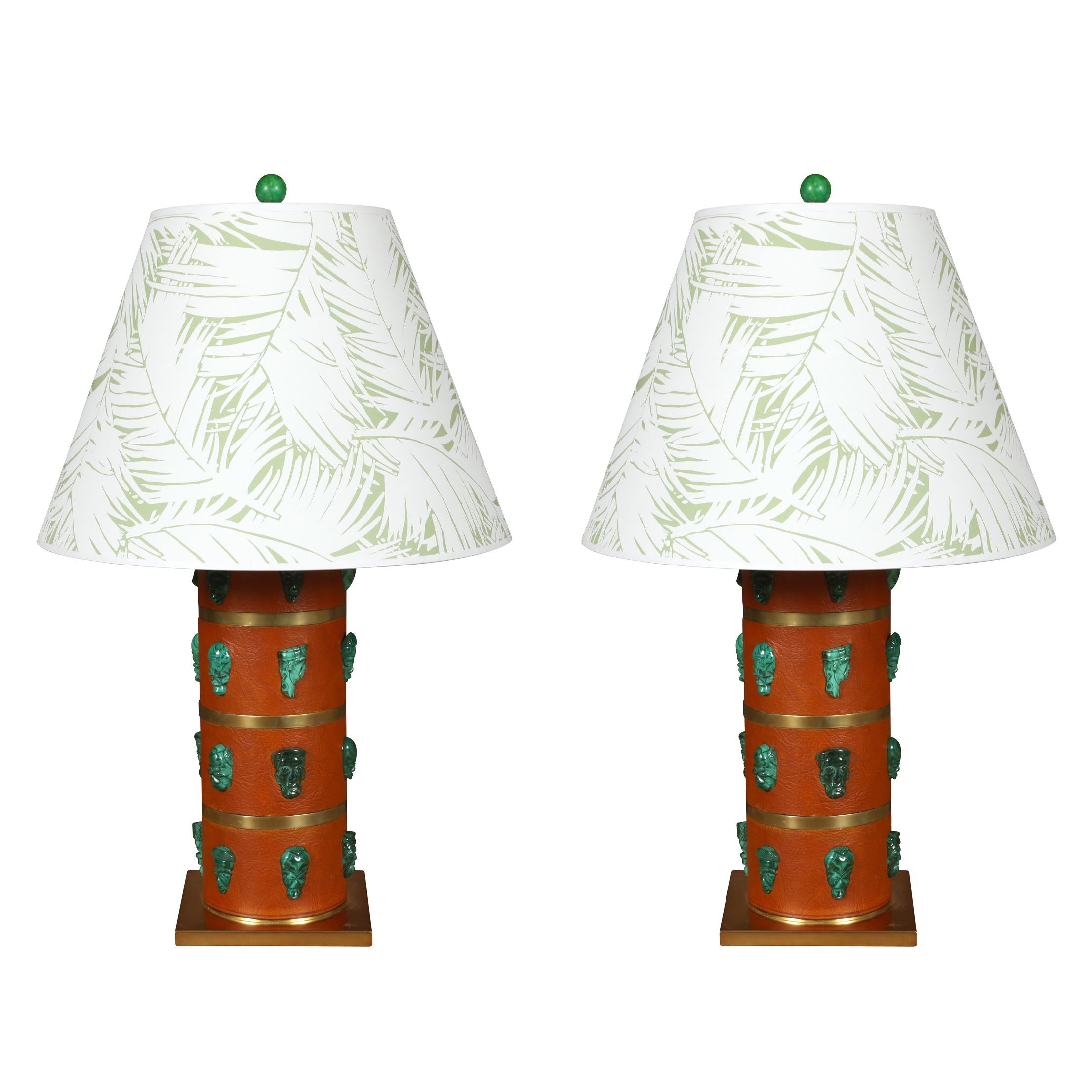 20th Century Pair of Leather Cylindrical Lamps with Brass and Faux Malachite Detail