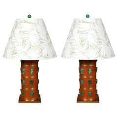 Pair of Leather Cylindrical Lamps with Brass and Faux Malachite Detail