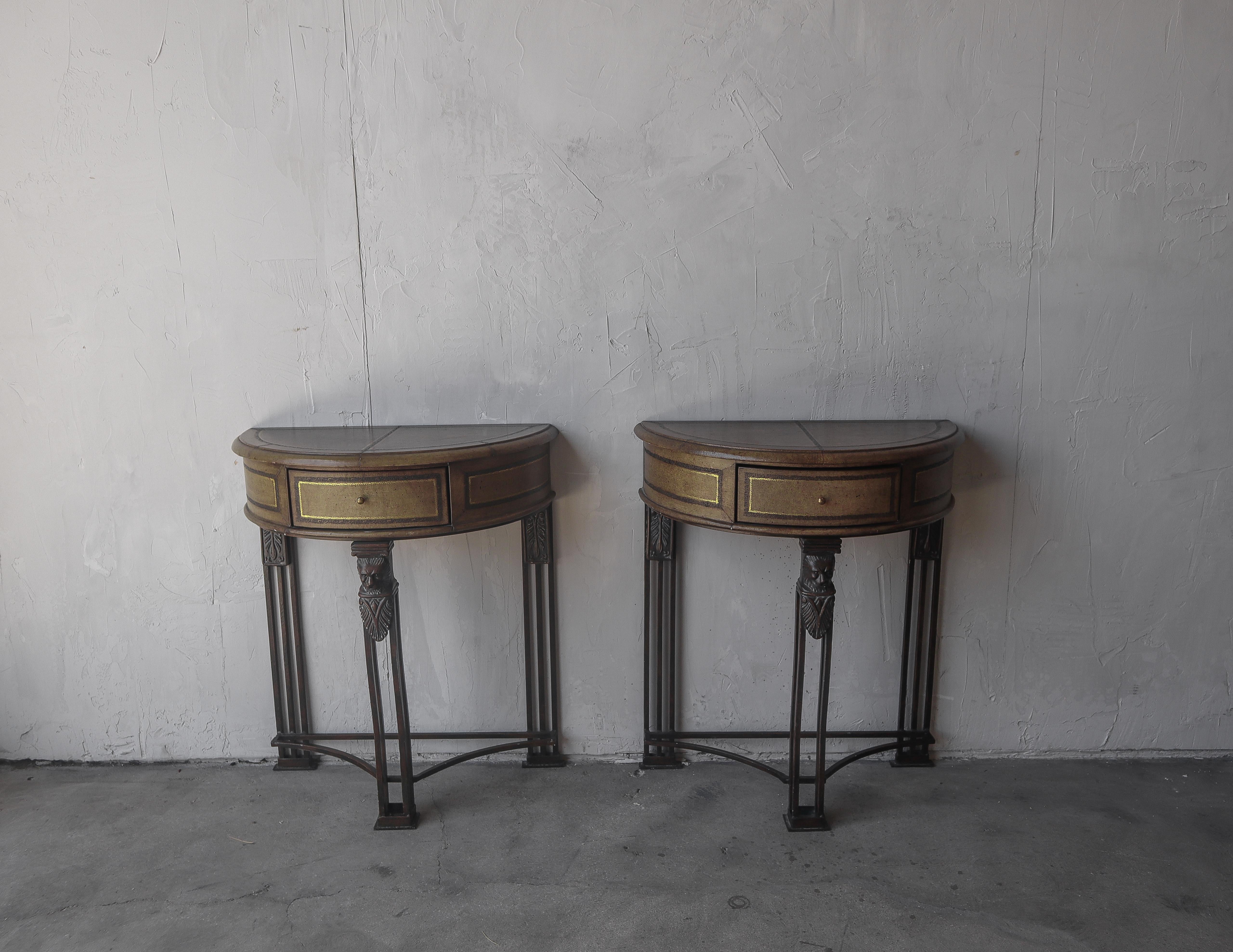 Pair of Leather Demilune Side Tables by Maitland Smith In Good Condition For Sale In Las Vegas, NV