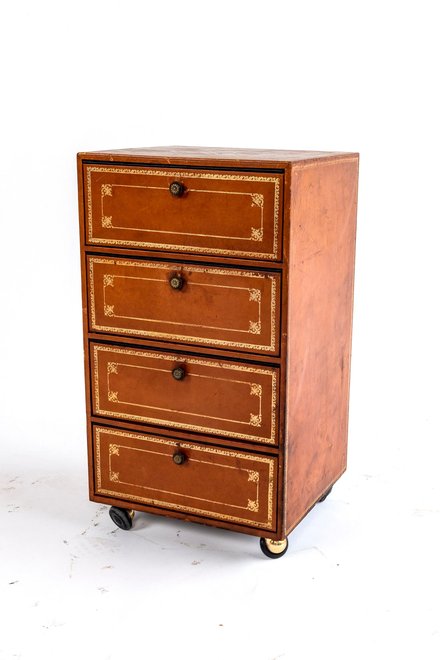 French Pair of Leather Document Cabinets or Side Tables on Wheels For Sale