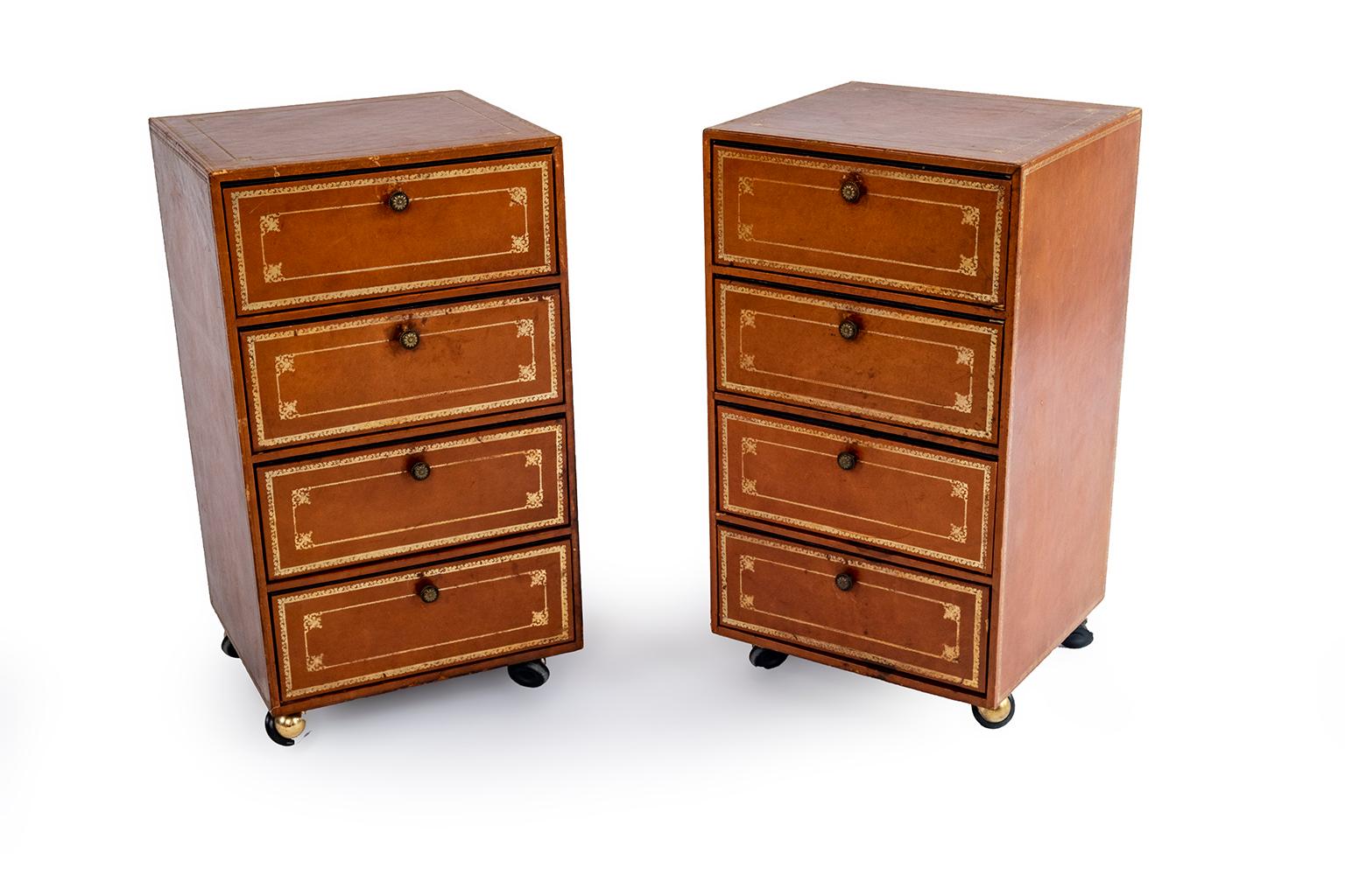 Pair of Leather Document Cabinets or Side Tables on Wheels For Sale 3