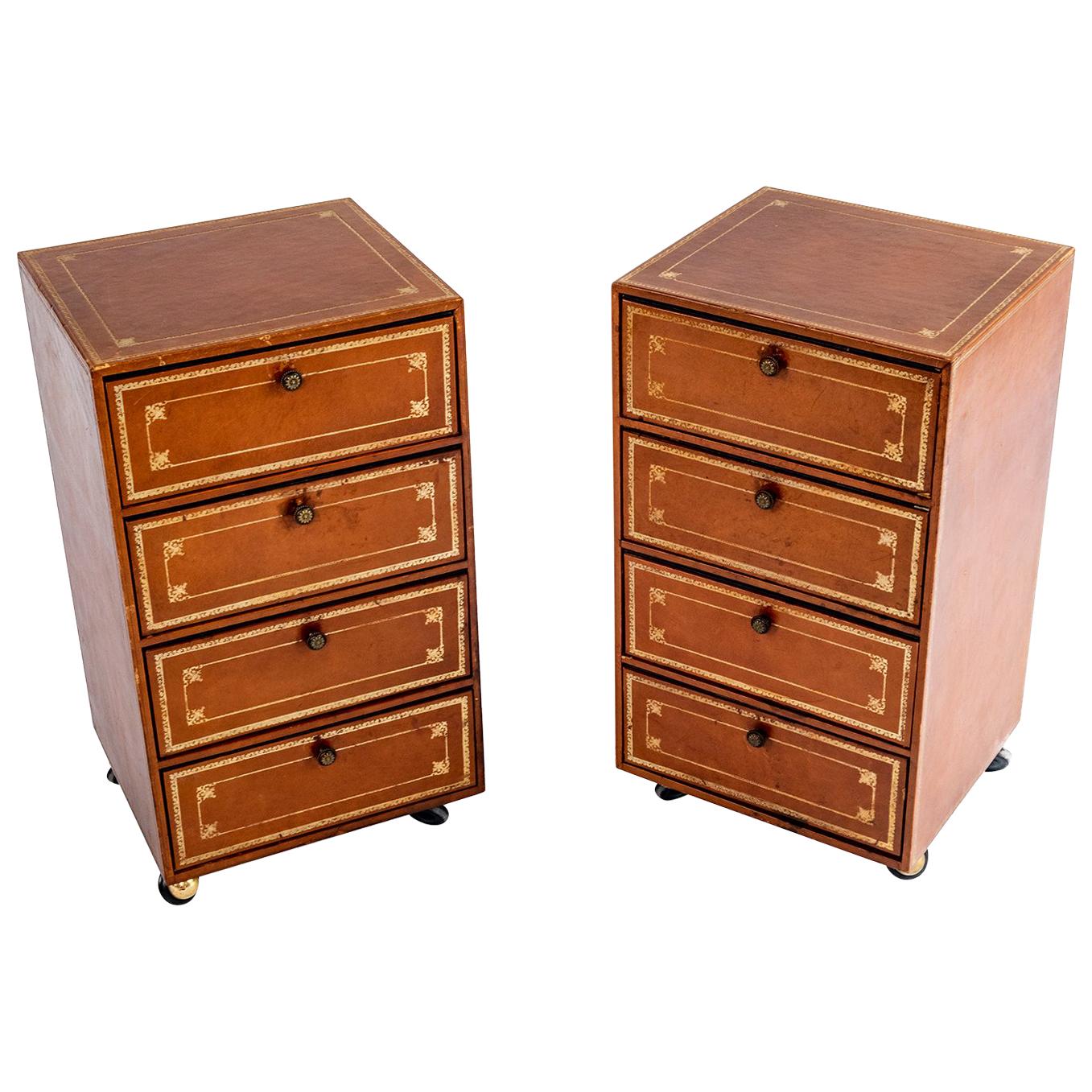 Pair of Leather Document Cabinets or Side Tables on Wheels For Sale