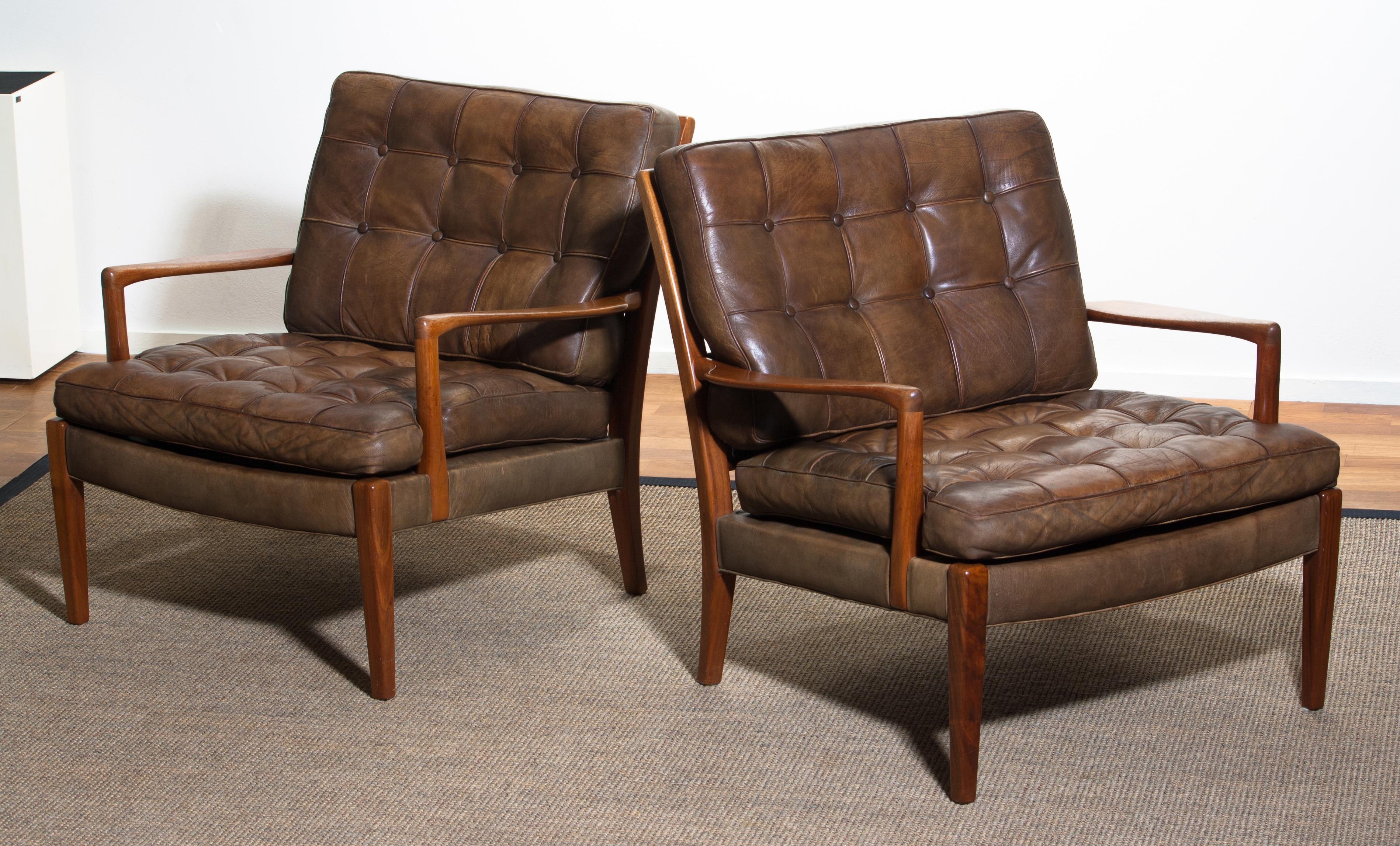 Swedish Pair of Leather Easy or Lounge Chairs Model 