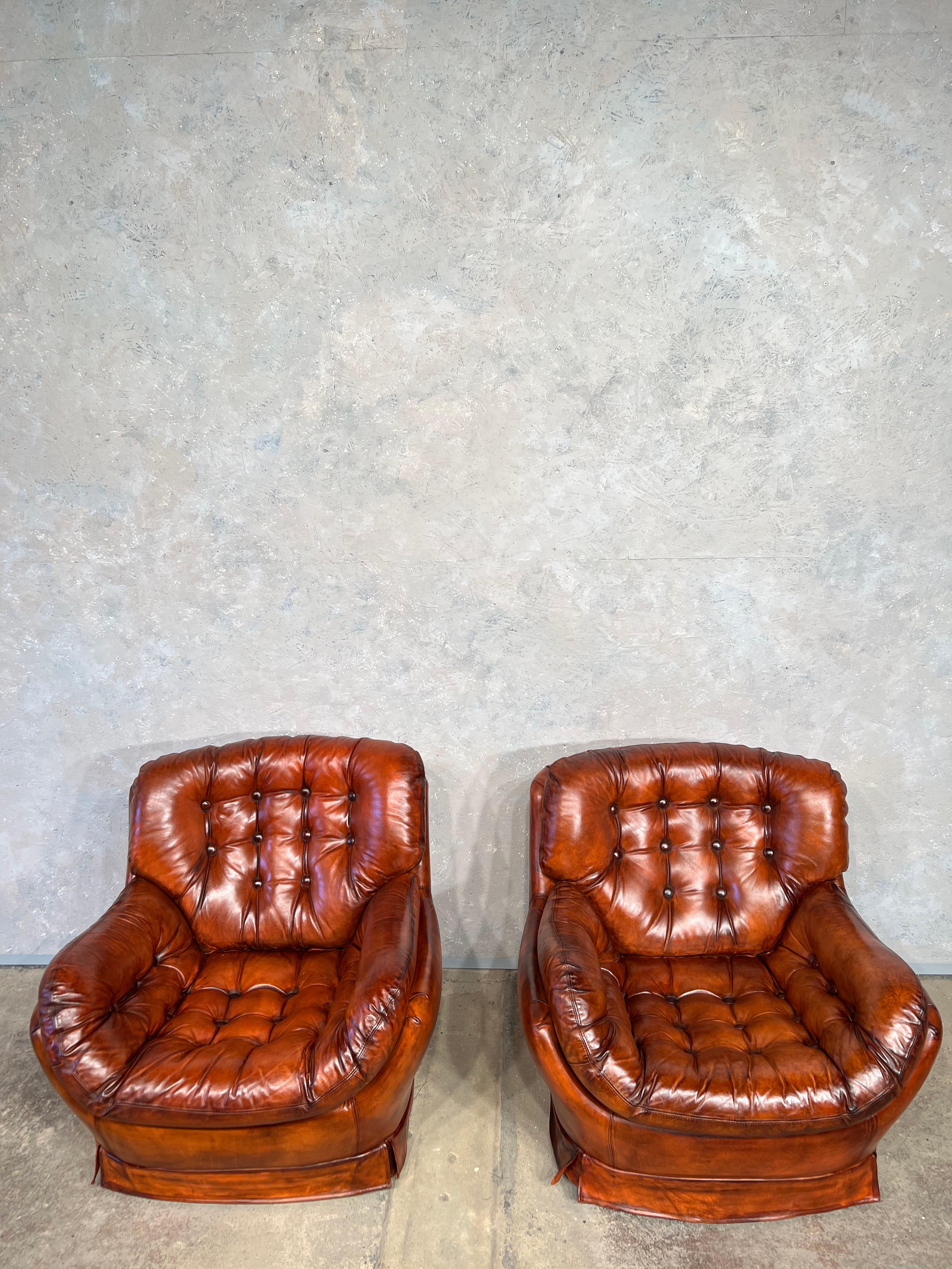 intage pair of Egg leather chairs

Very stylish Swedish design with a beautiful hand dyed Patinated Tan colour and beautiful patina, very comfortable.

In great condition.

Viewings welcome at our showroom in Lewes, East Sussex.