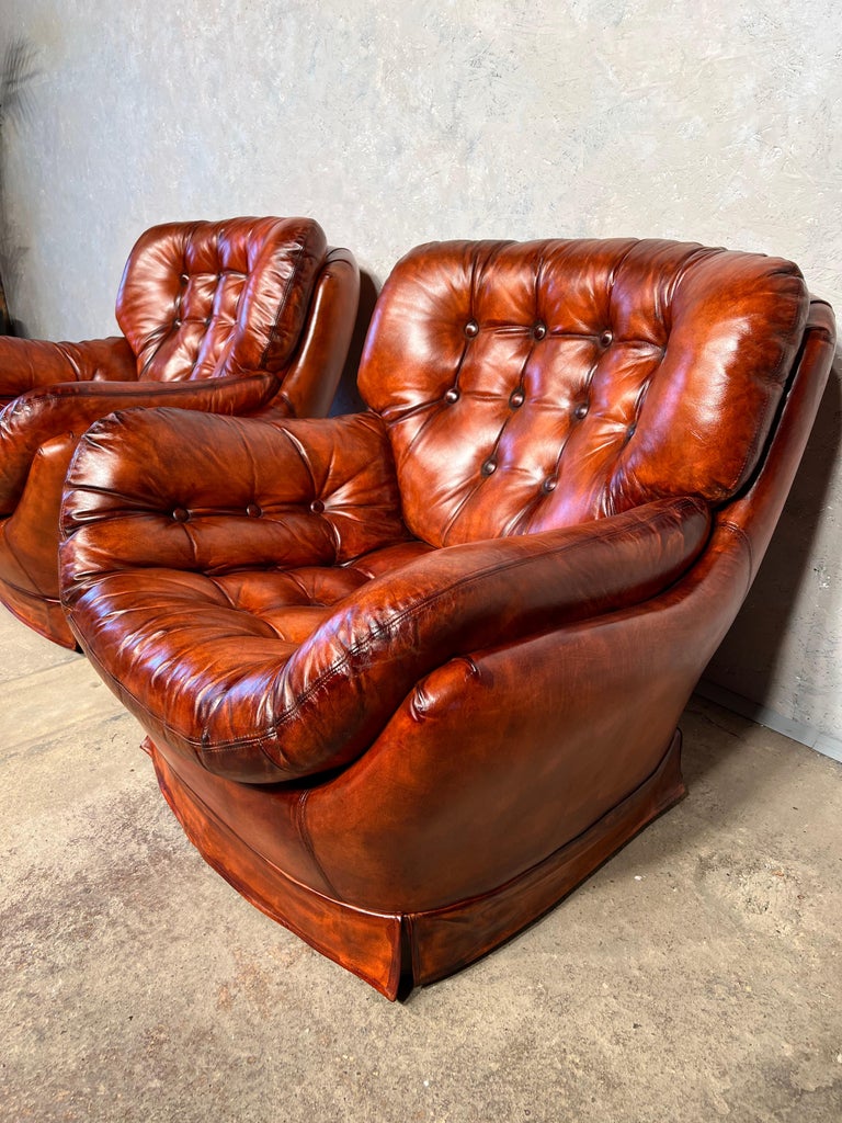 Pair of Leather Egg Chairs Swedish 70 S Cognac Leather Vintage Mid C