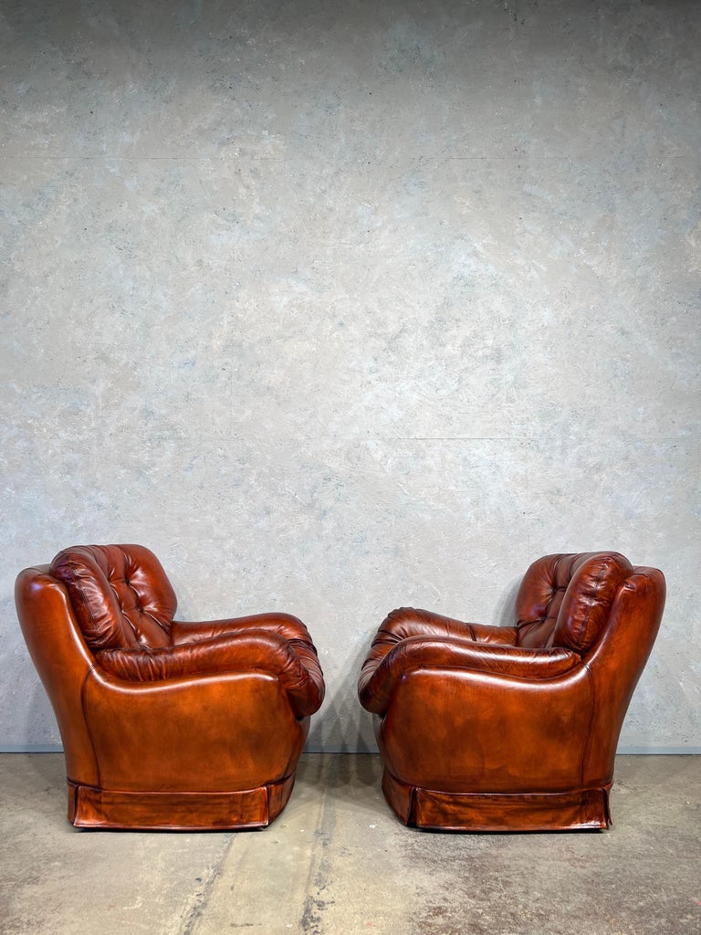 Pair of Leather Egg Chairs Swedish 70 S Cognac Leather Vintage Mid C