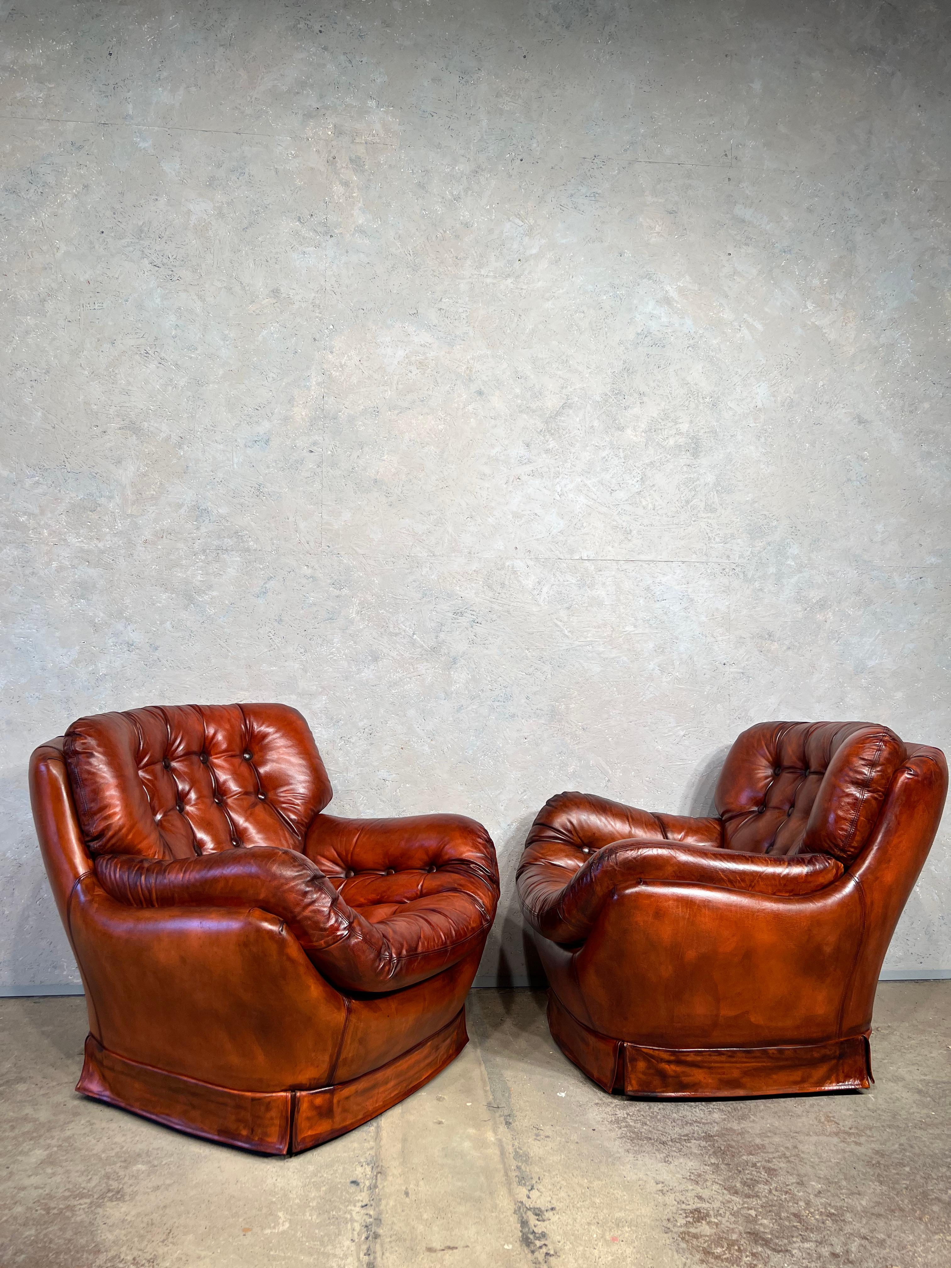 Pair of Leather Egg Chairs Swedish 70 S Cognac Leather Vintage Mid C Retro #438 For Sale 1